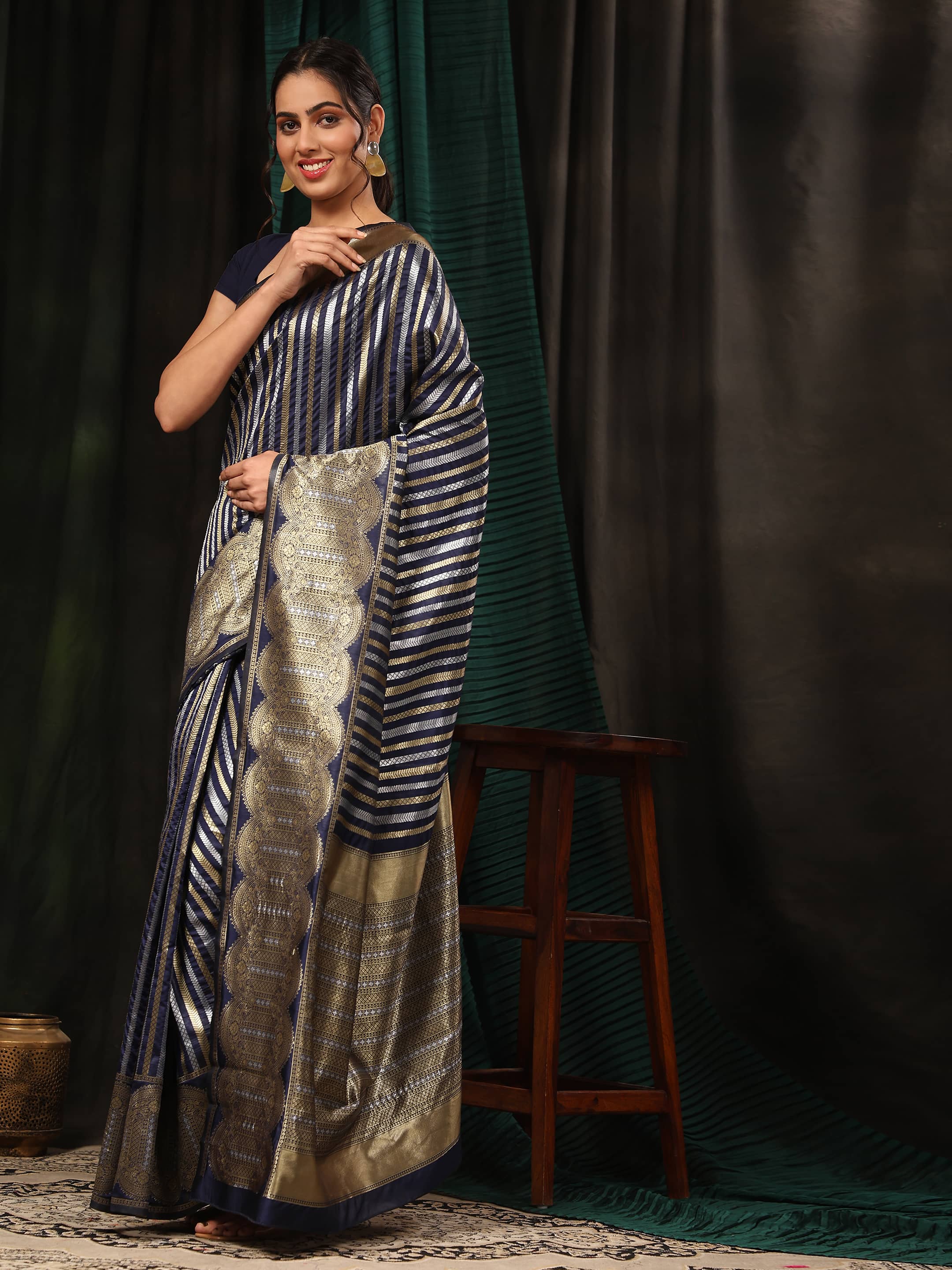 Kanchipuram Soft Silk Zari Woven Striped Saree