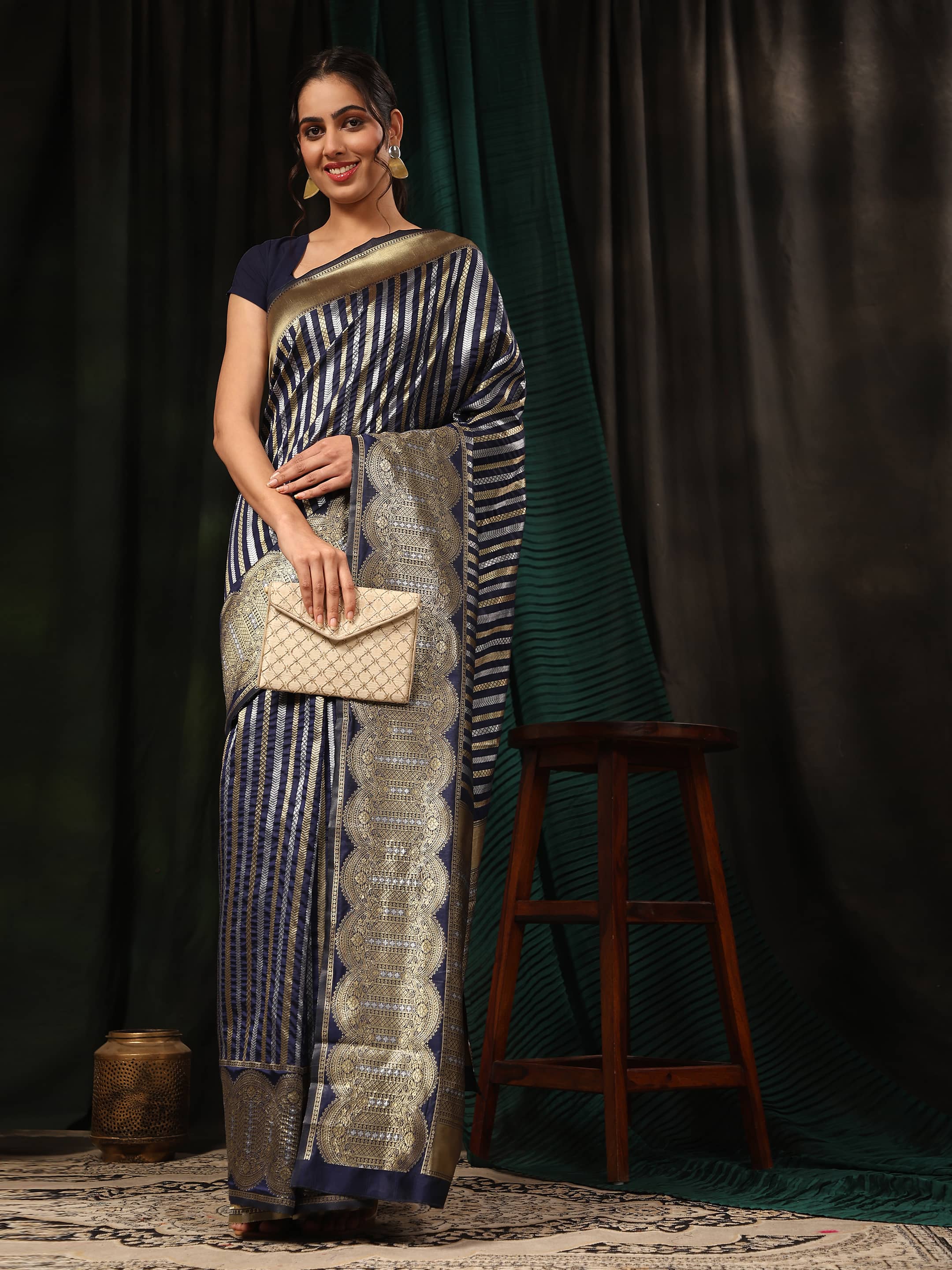 Kanchipuram Soft Silk Zari Woven Striped Saree