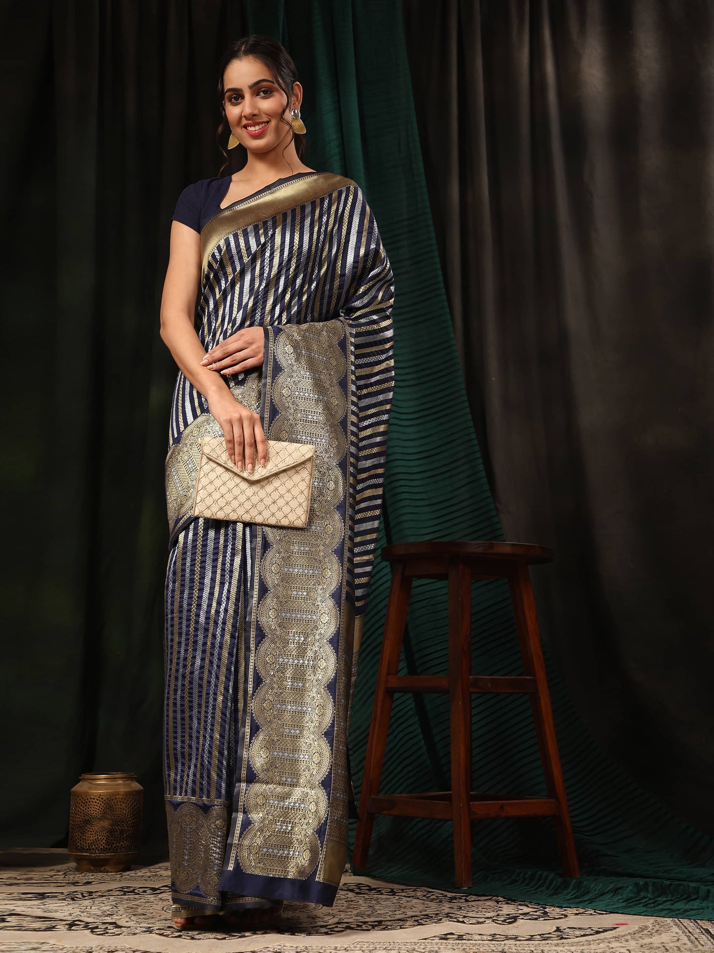 Kanchipuram Soft Silk Zari Woven Striped Saree