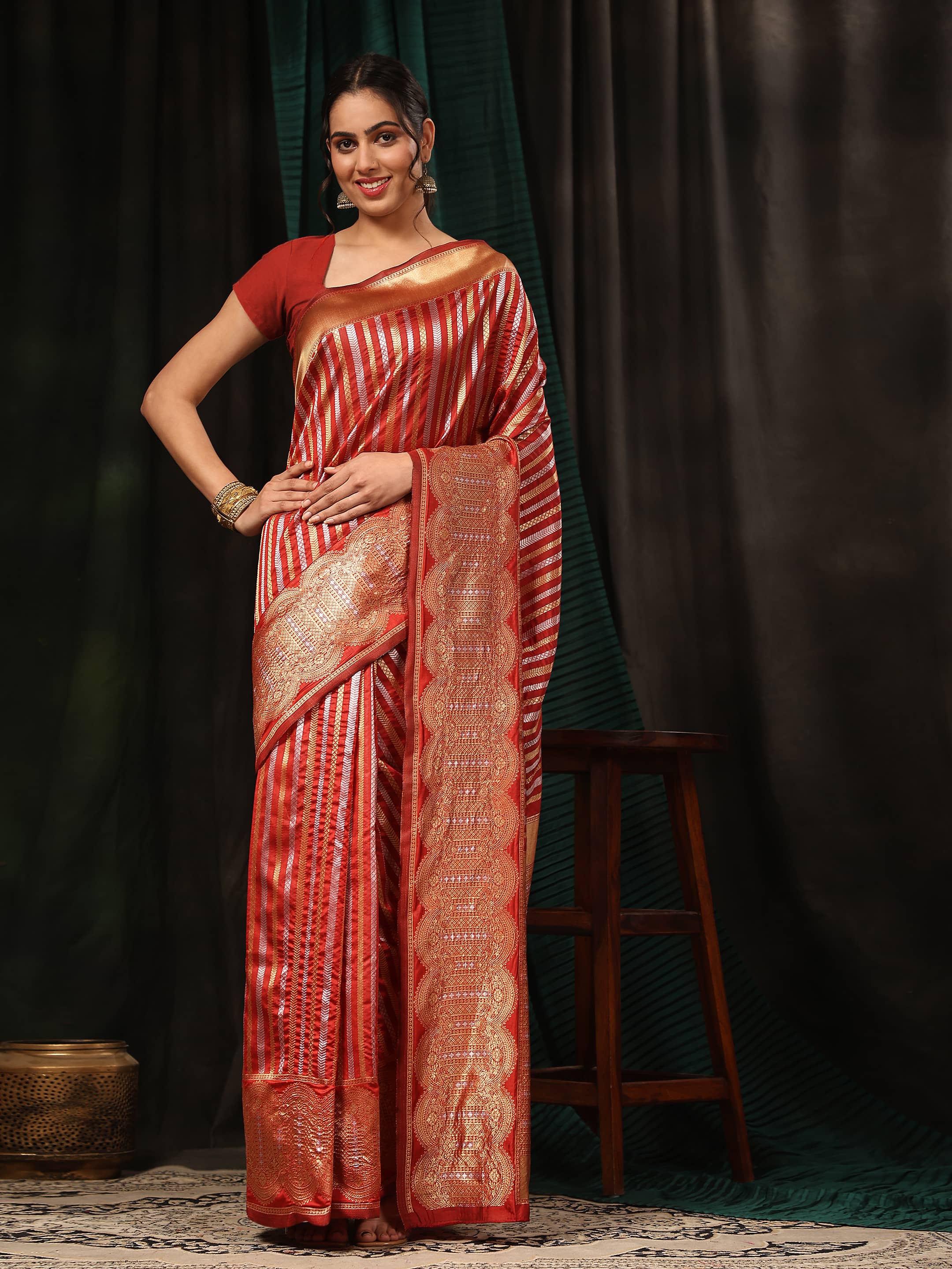 Kanchipuram Soft Silk Zari Woven Striped Saree