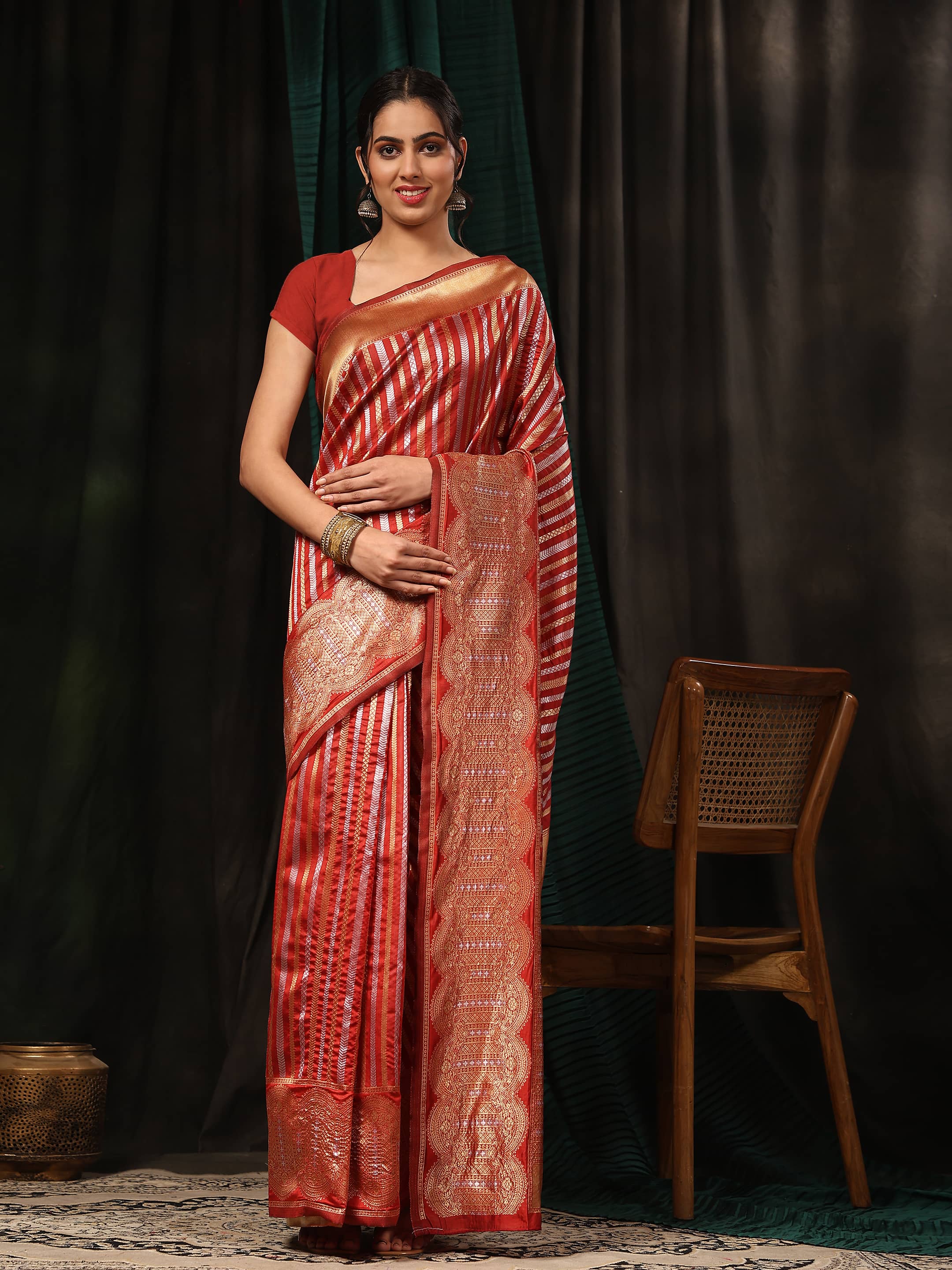 Kanchipuram Soft Silk Zari Woven Striped Saree