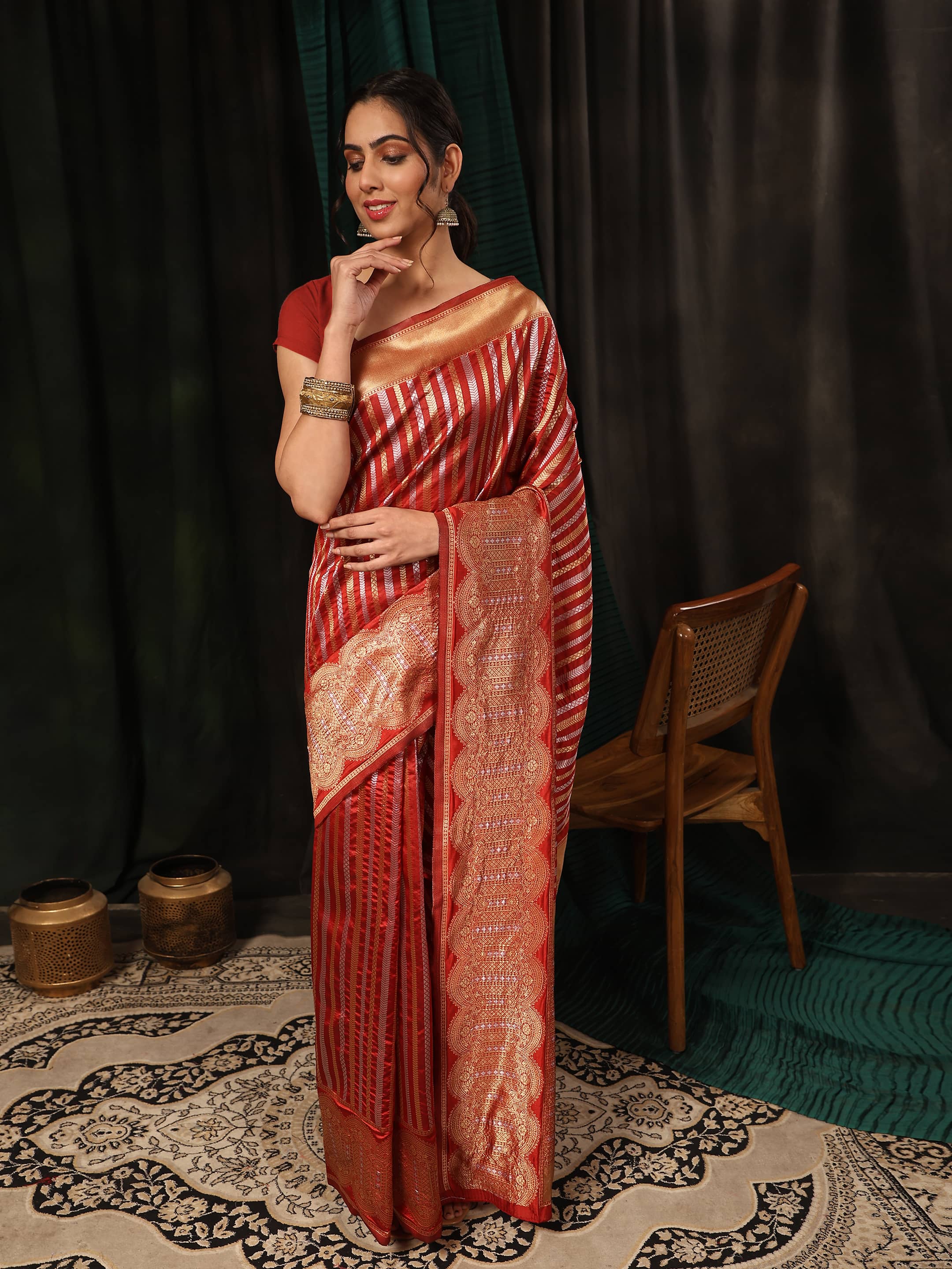 Kanchipuram Soft Silk Zari Woven Striped Saree