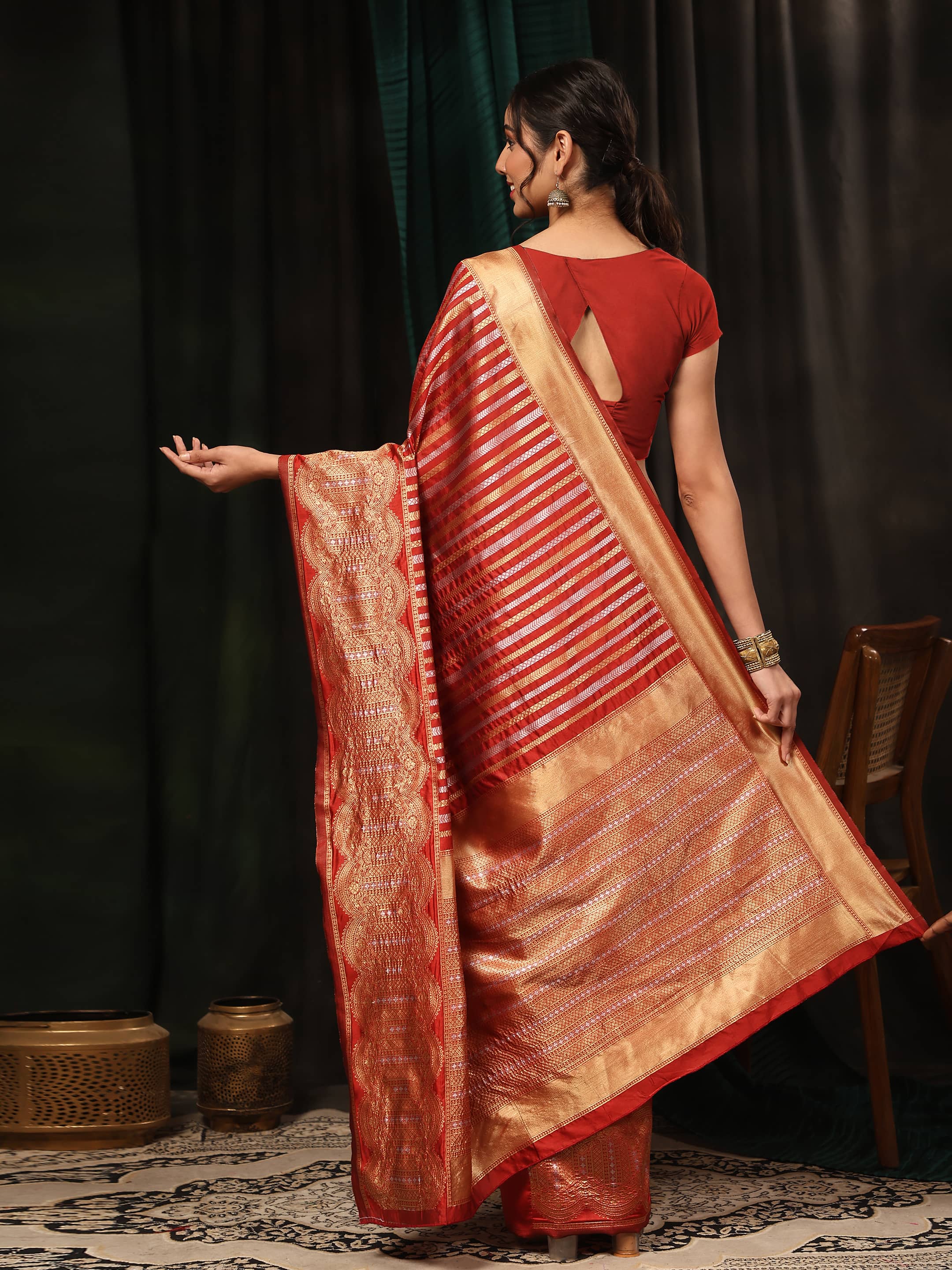 Kanchipuram Soft Silk Zari Woven Striped Saree