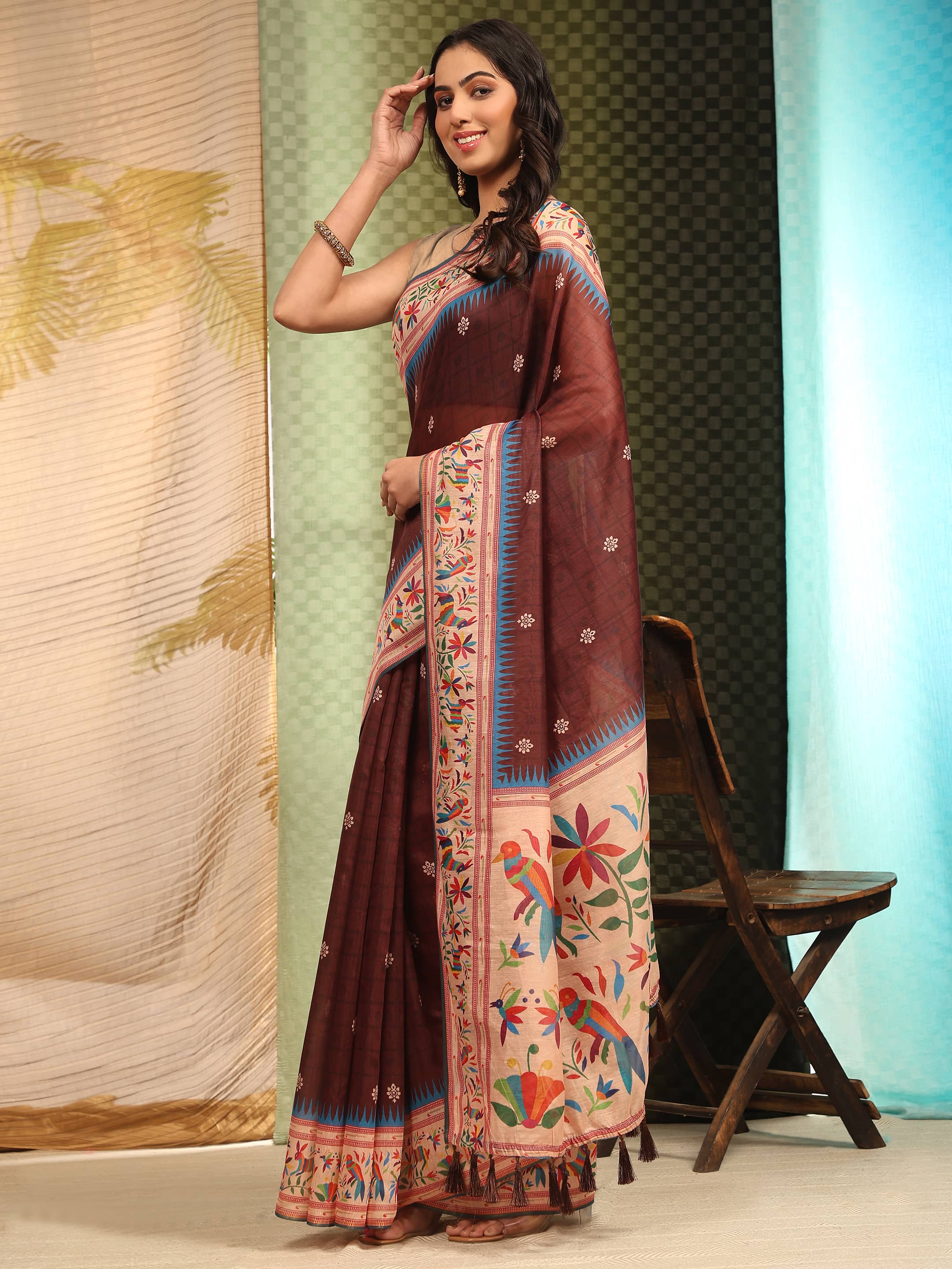 Women's Cotton Blend Paithani Animal Digital Printed Saree