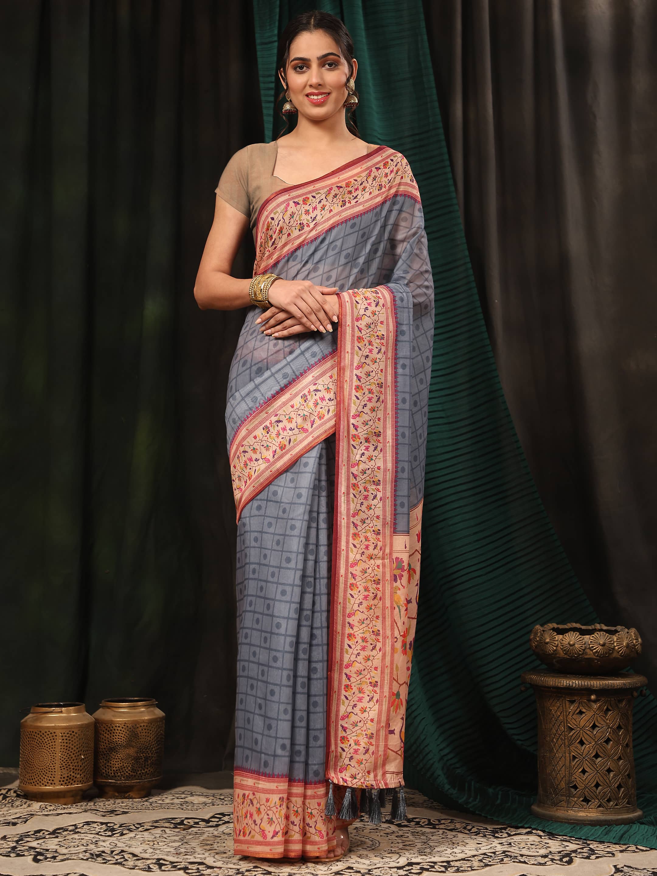 Women's Cotton Blend Paithani Animal Digital Printed Saree