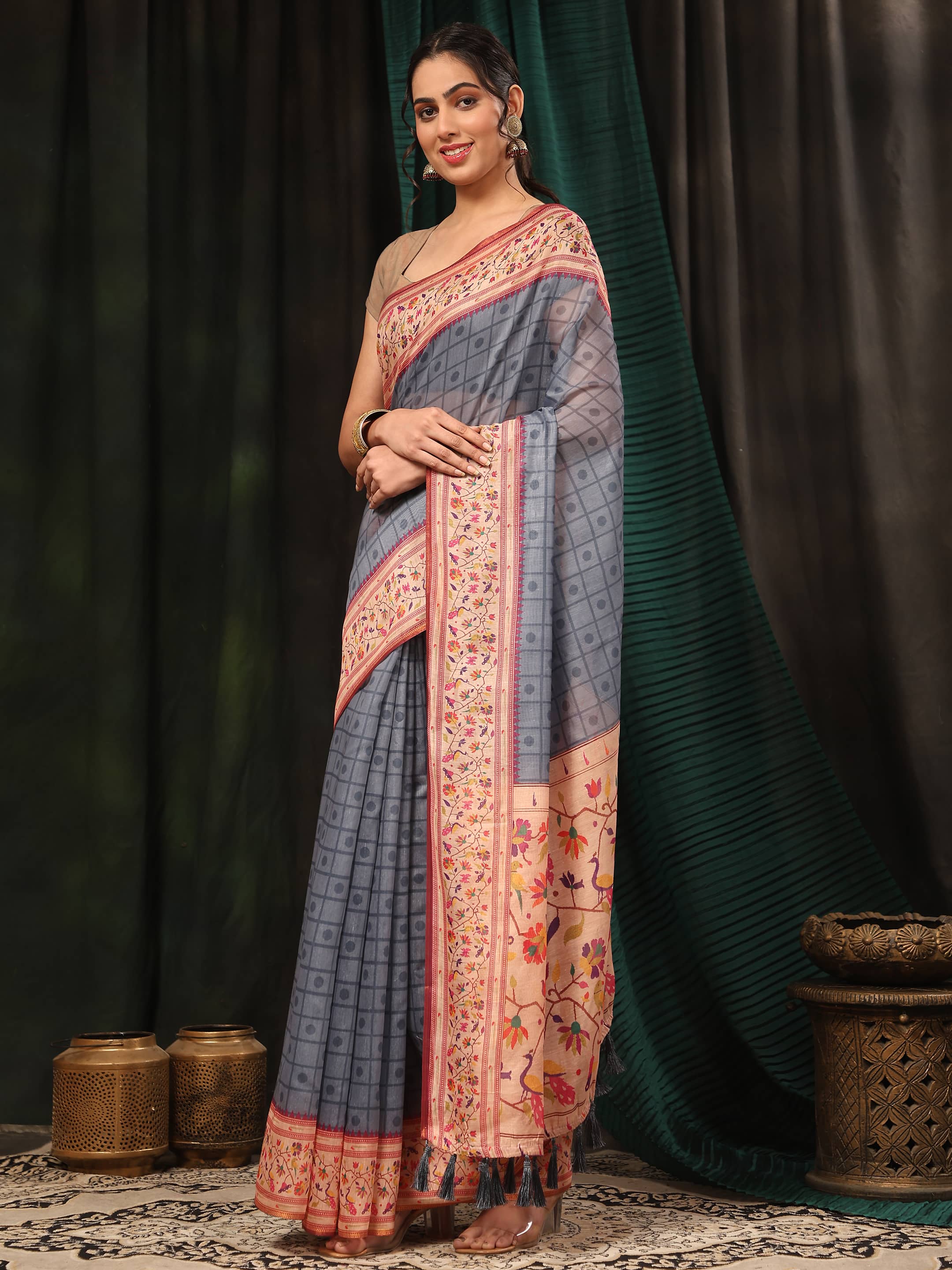 Women's Cotton Blend Paithani Animal Digital Printed Saree