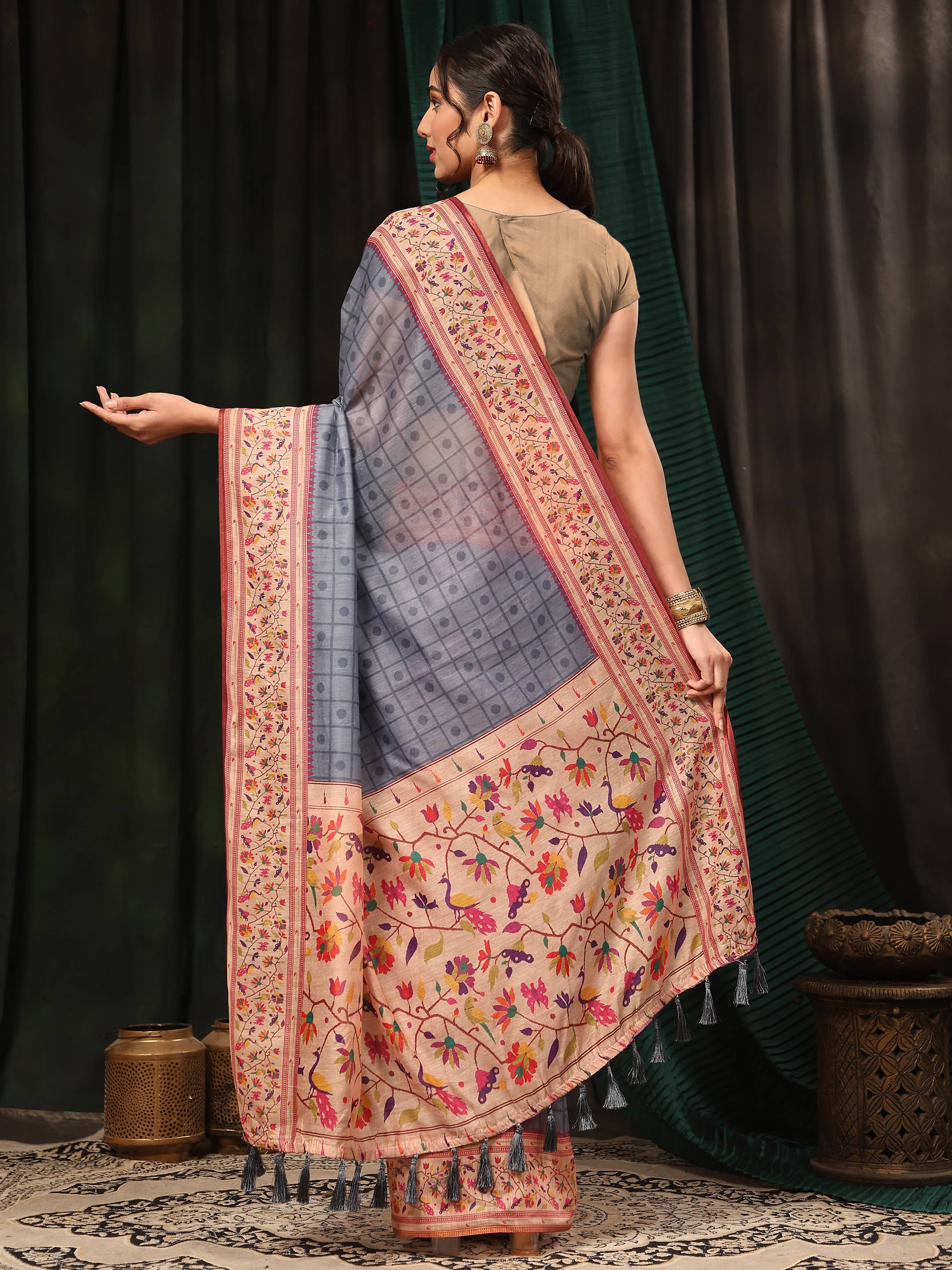 Women's Cotton Blend Paithani Animal Digital Printed Saree