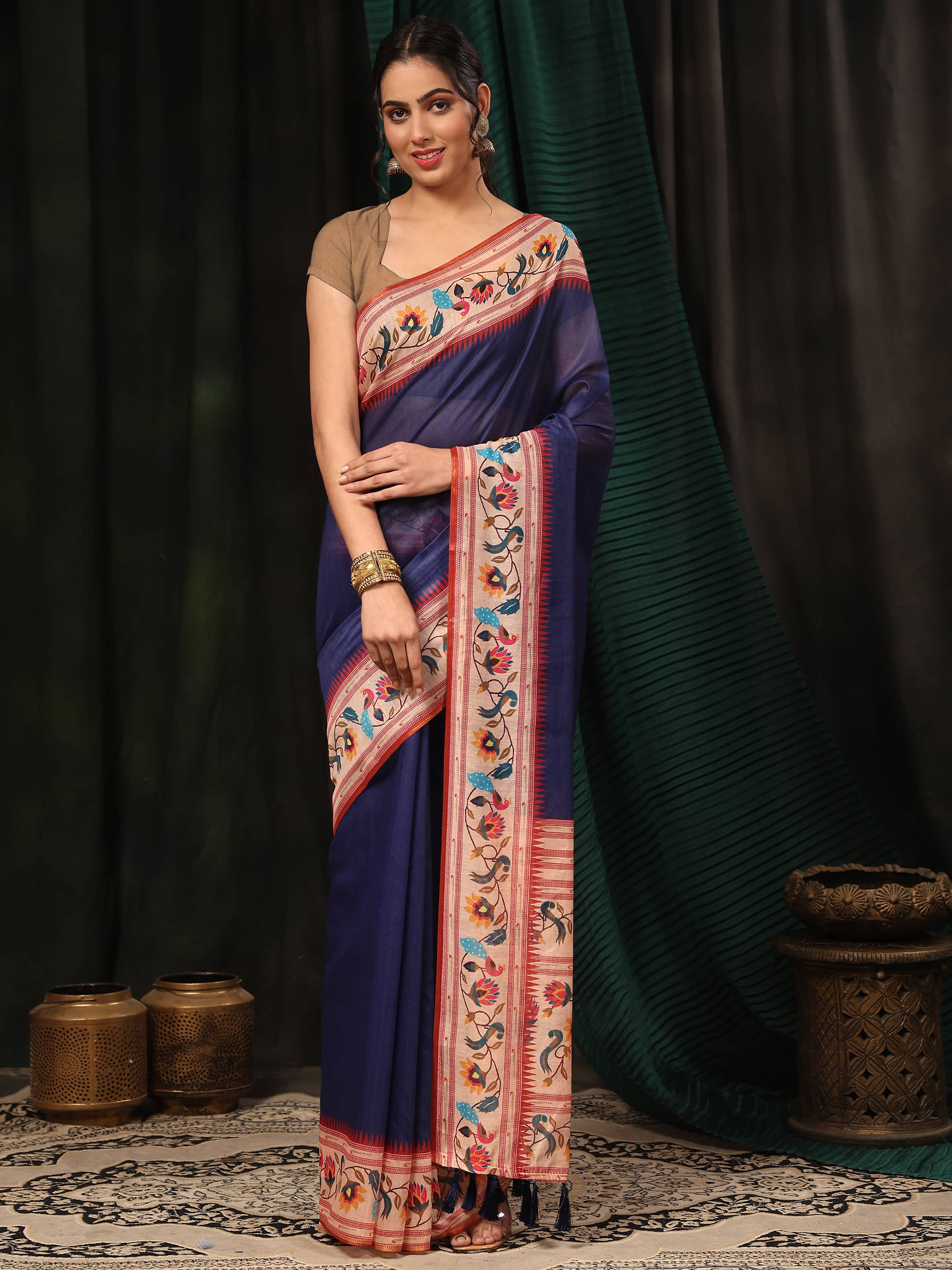 Women's Cotton Blend Paithani Animal Digital Printed Saree