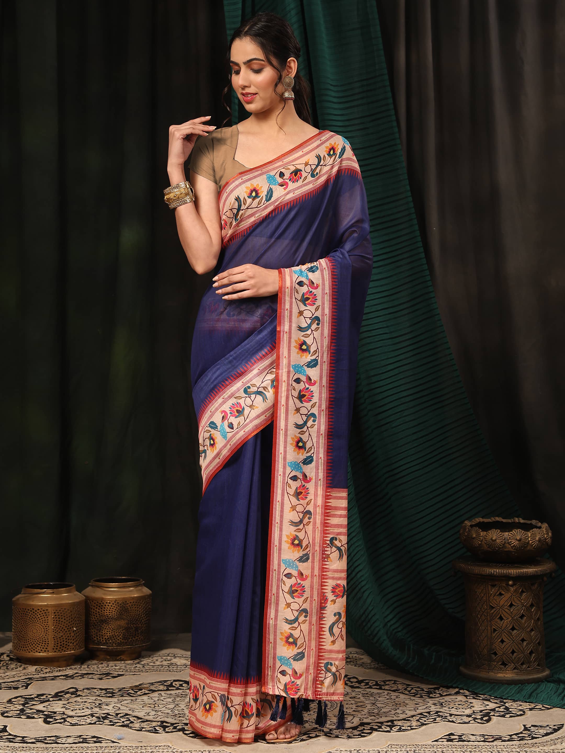 Women's Cotton Blend Paithani Animal Digital Printed Saree
