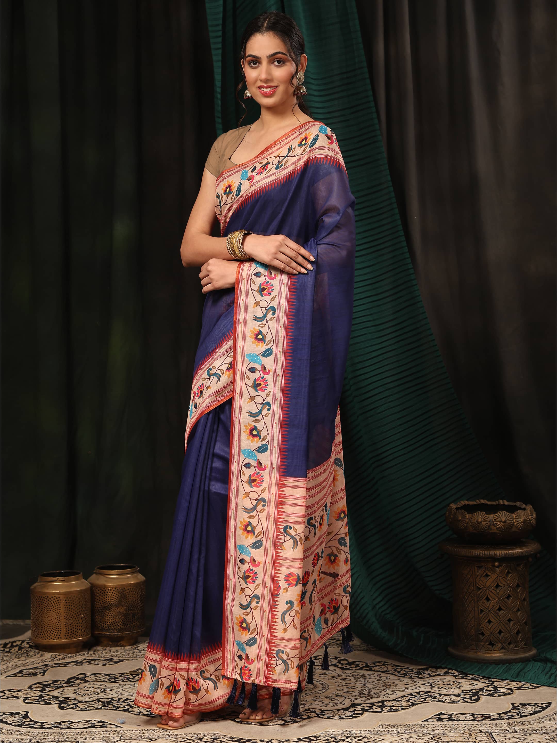 Women's Cotton Blend Paithani Animal Digital Printed Saree