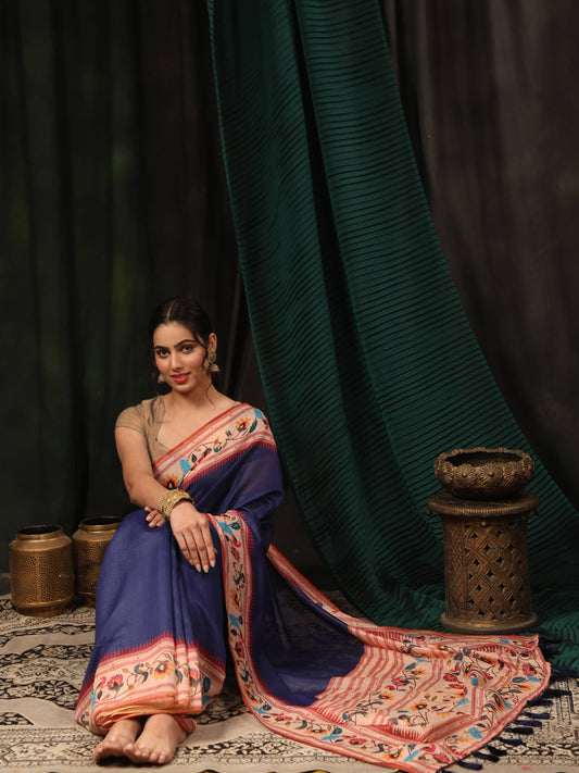 Women's Cotton Blend Paithani Animal Digital Printed Saree