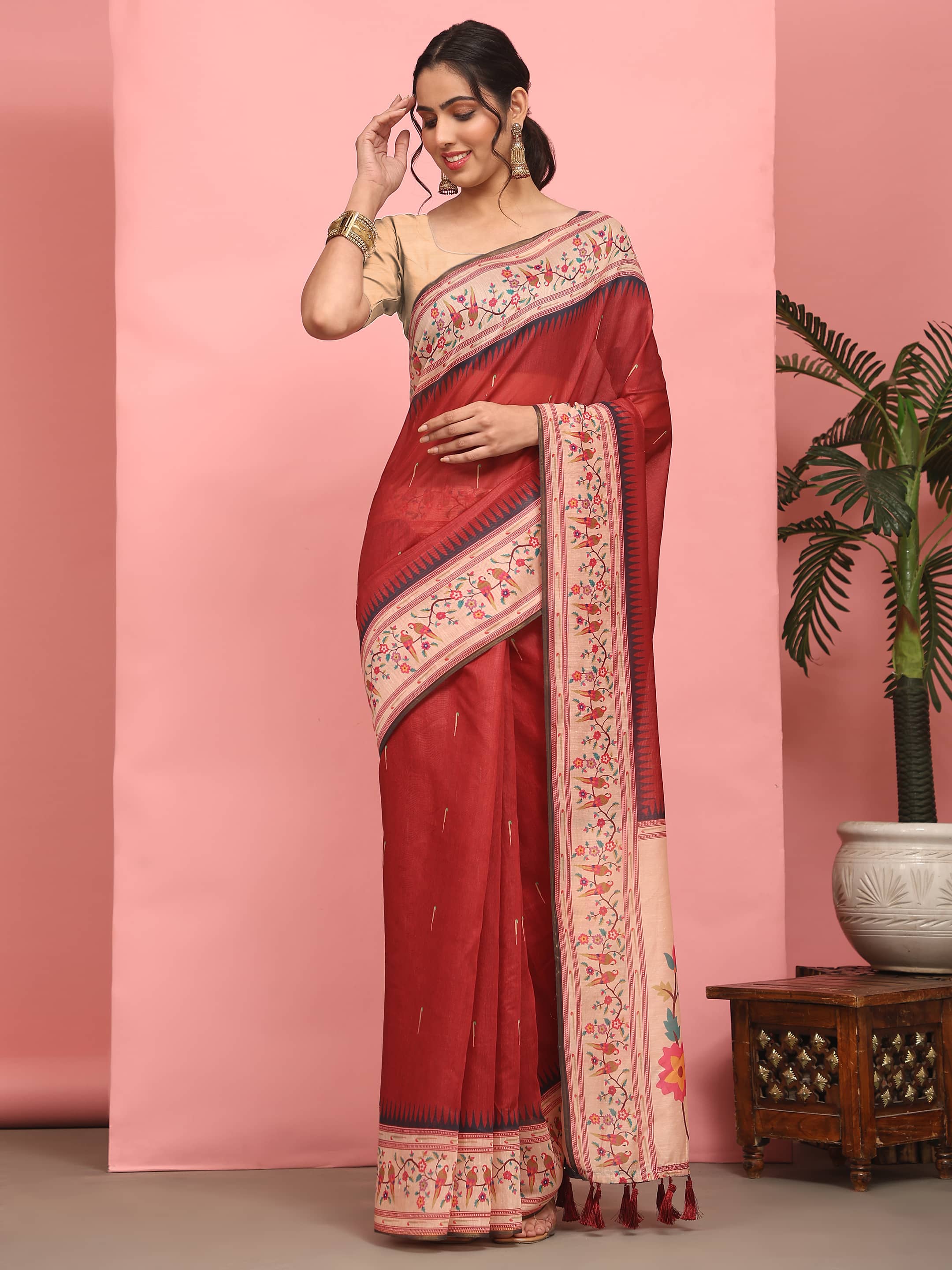 Women's Cotton Blend Paithani Animal Digital Printed Saree
