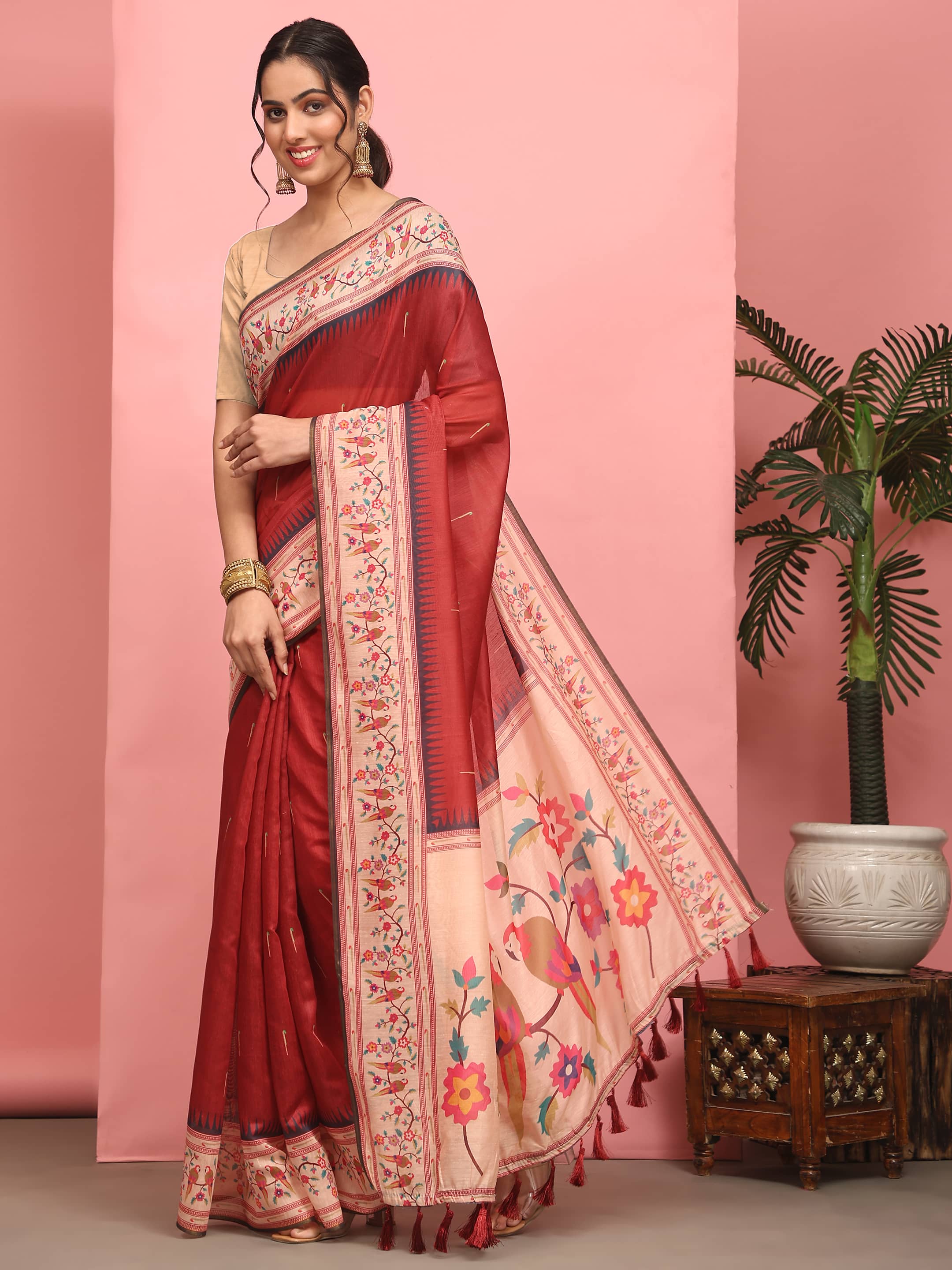 Women's Cotton Blend Paithani Animal Digital Printed Saree