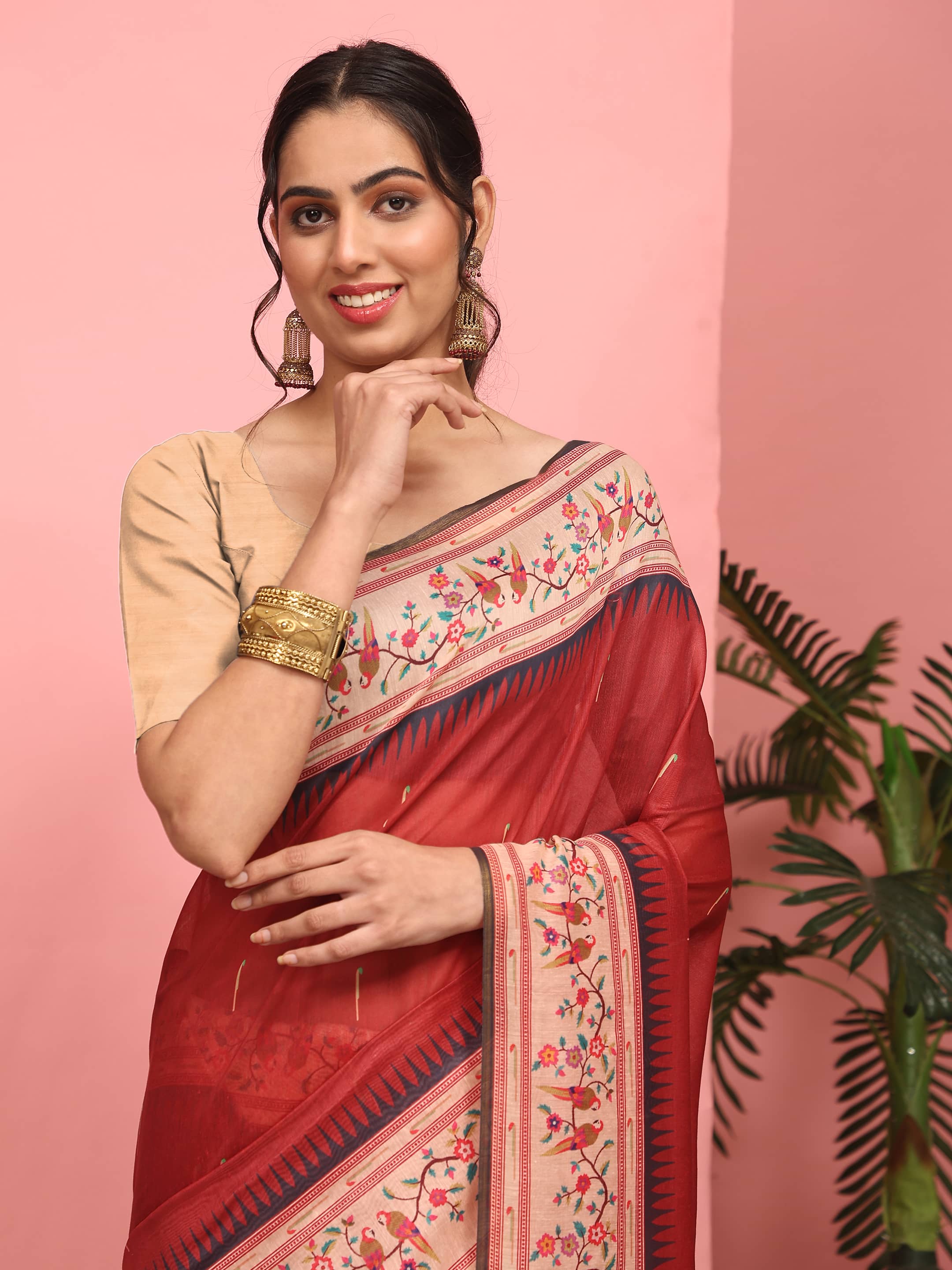 Women's Cotton Blend Paithani Animal Digital Printed Saree