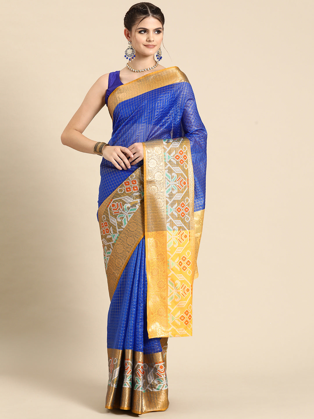 Banarasi Silk Ikkat Pattu Zari Woven Border Saree