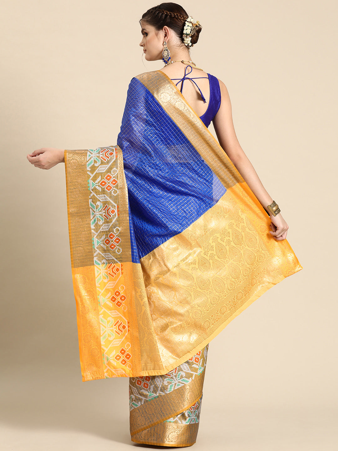 Banarasi Silk Ikkat Pattu Zari Woven Border Saree