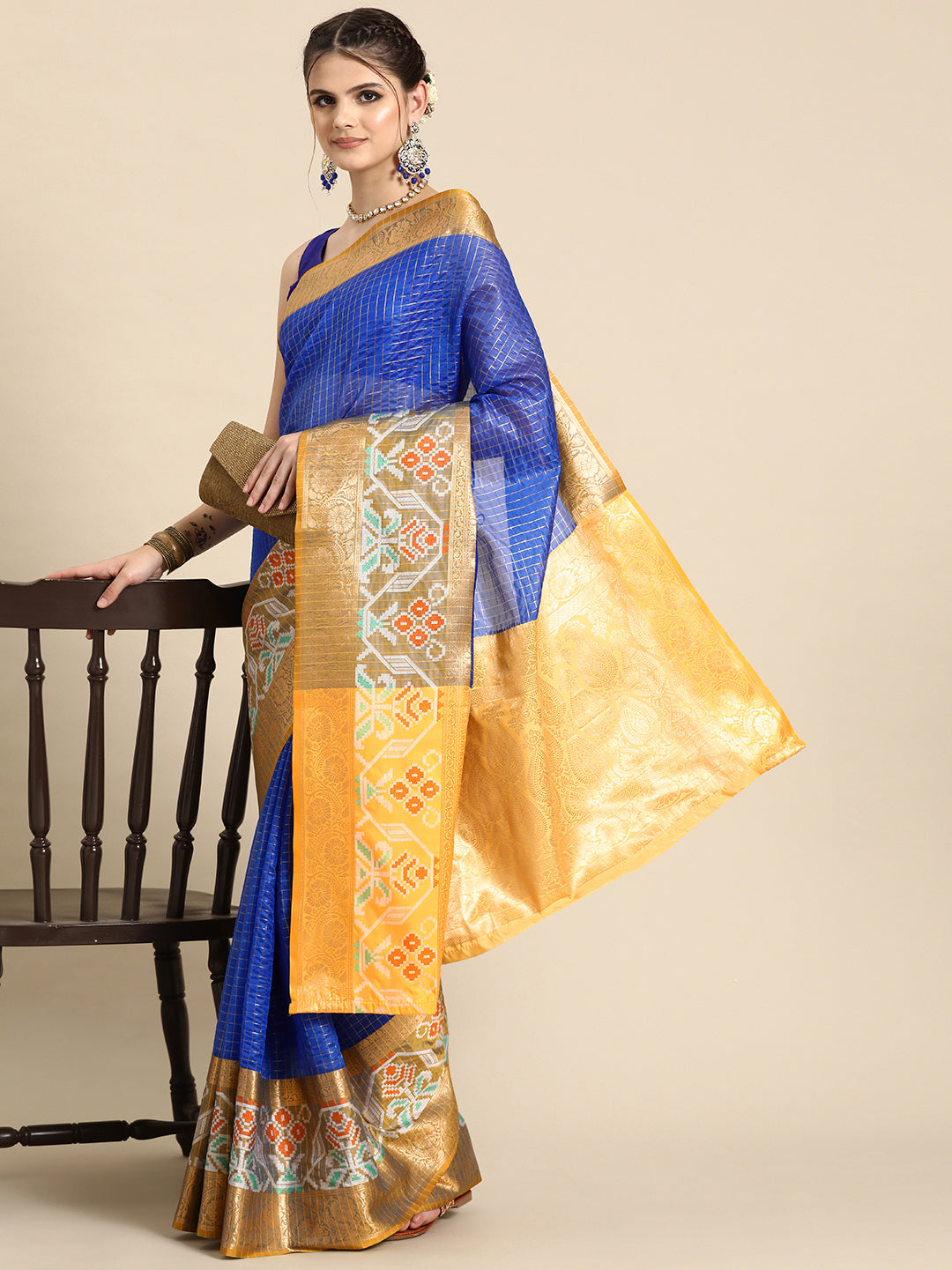Banarasi Silk Ikkat Pattu Zari Woven Border Saree