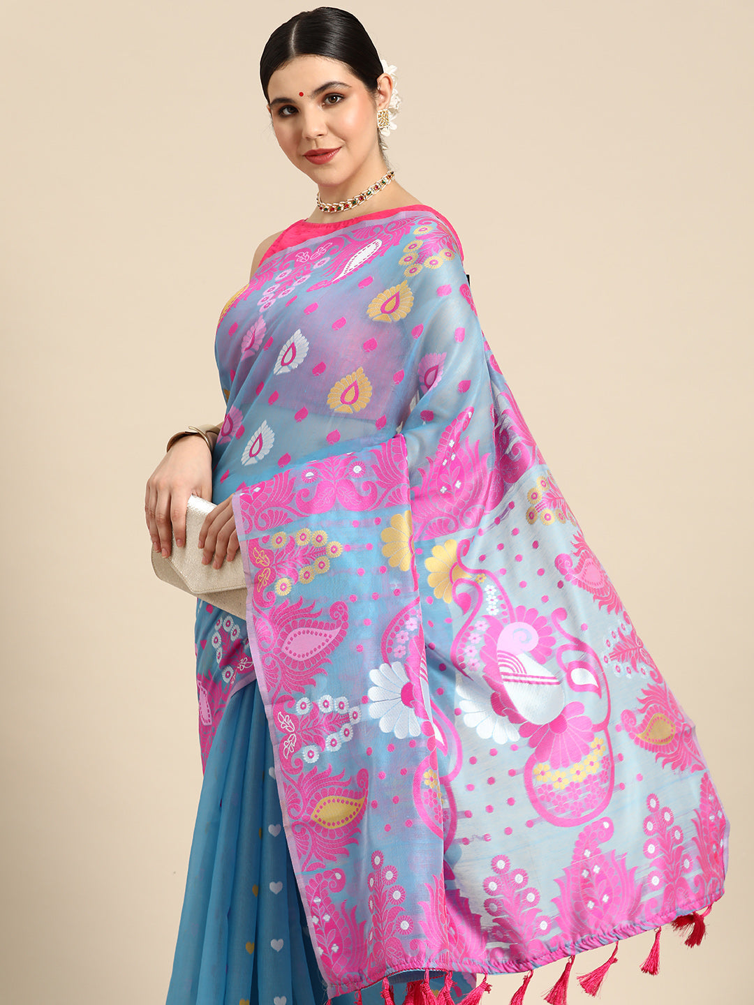 Woven Design Ethnic Motifs Phulkari Pure Cotton Jamdani Saree