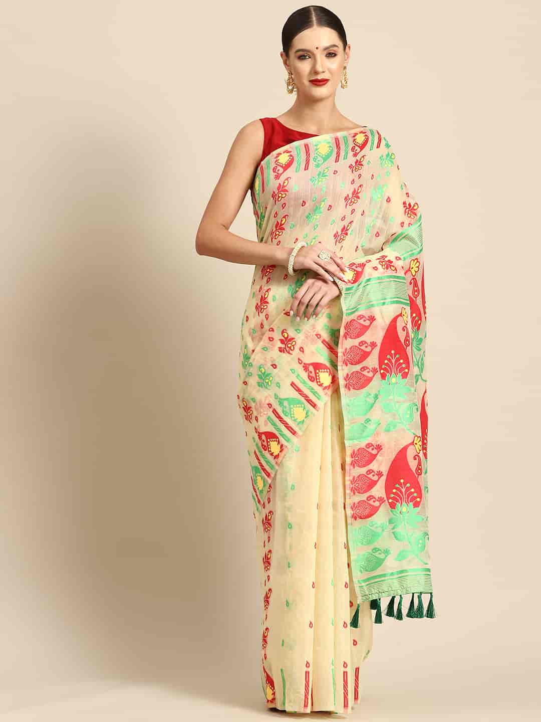 Woven Design Ethnic Motifs Phulkari Pure Cotton Jamdani Saree