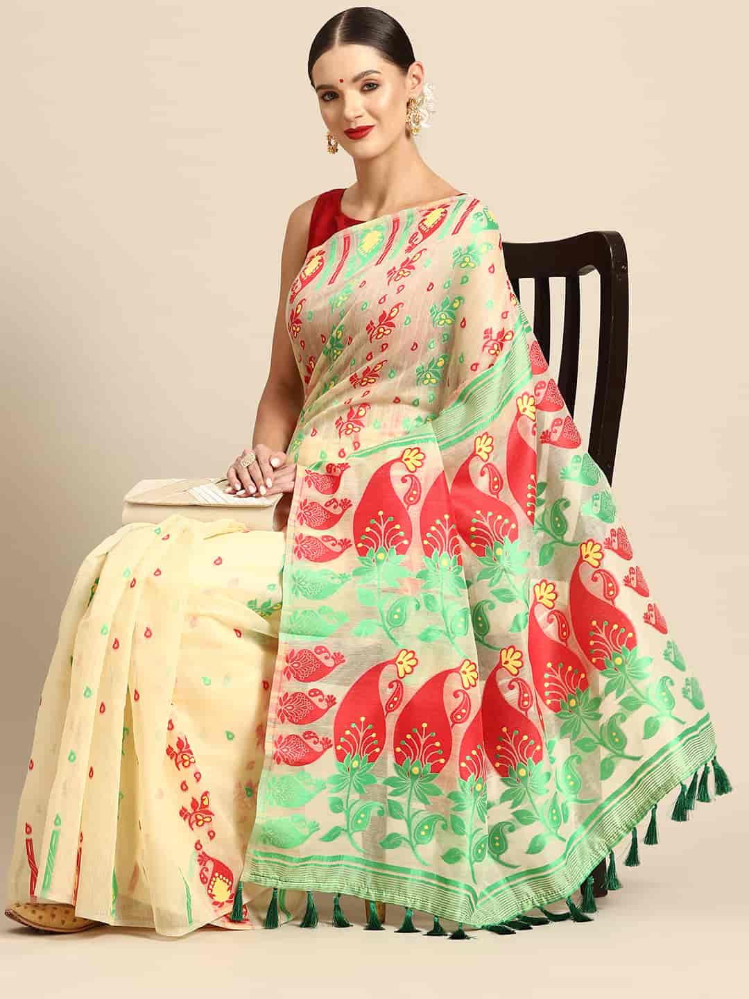 Woven Design Ethnic Motifs Phulkari Pure Cotton Jamdani Saree