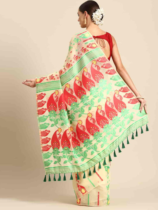 Woven Design Ethnic Motifs Phulkari Pure Cotton Jamdani Saree