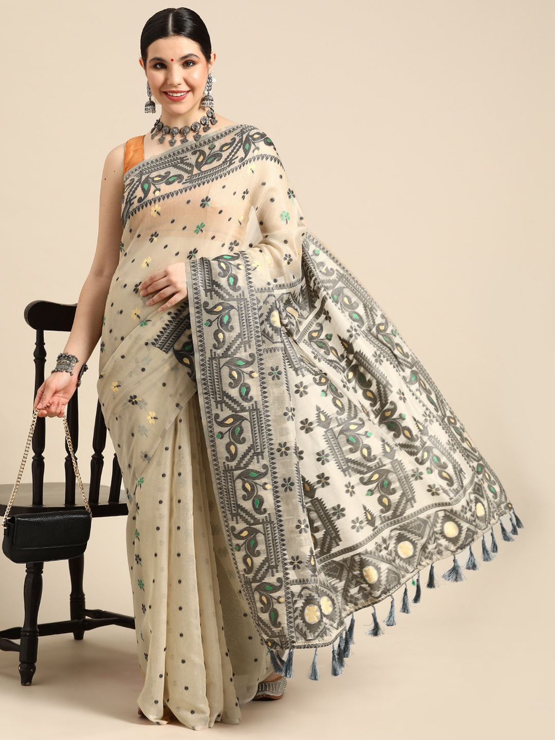 Woven Design Ethnic Motifs Phulkari Pure Cotton Jamdani Saree