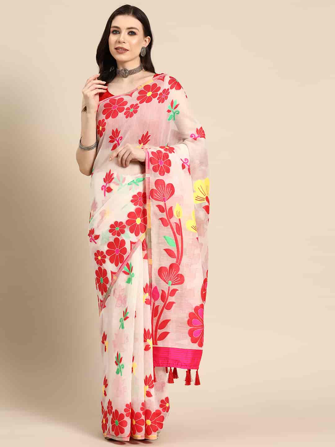 Woven Design Ethnic Motifs Phulkari Pure Cotton Jamdani Saree