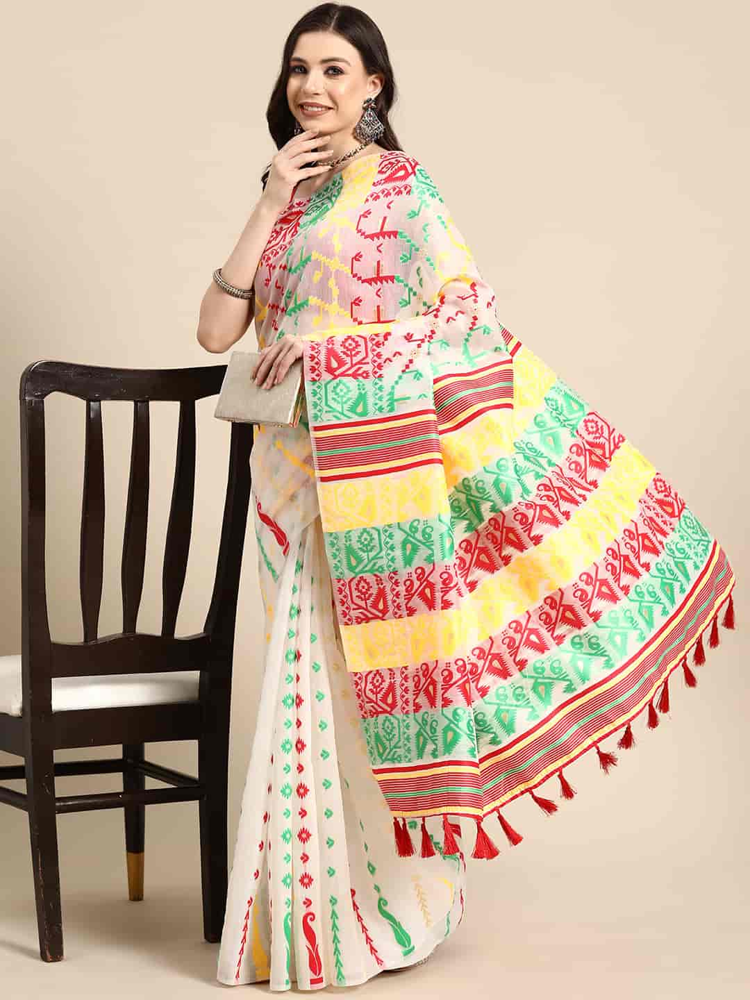Woven Design Ethnic Motifs Phulkari Pure Cotton Jamdani Saree