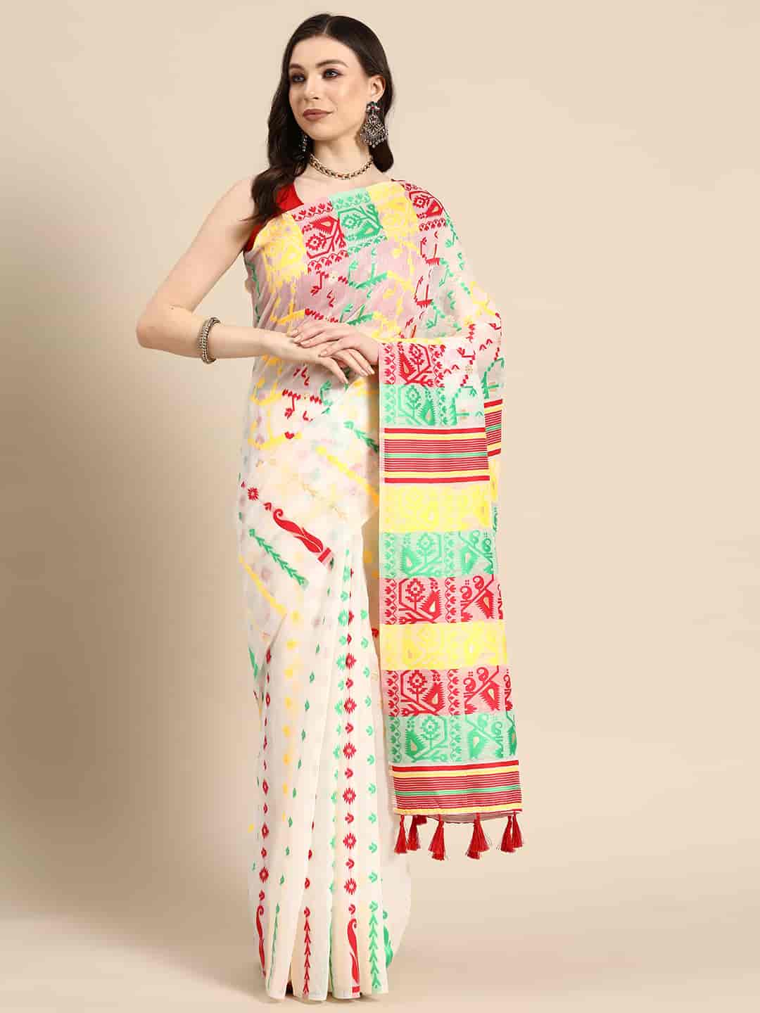 Woven Design Ethnic Motifs Phulkari Pure Cotton Jamdani Saree