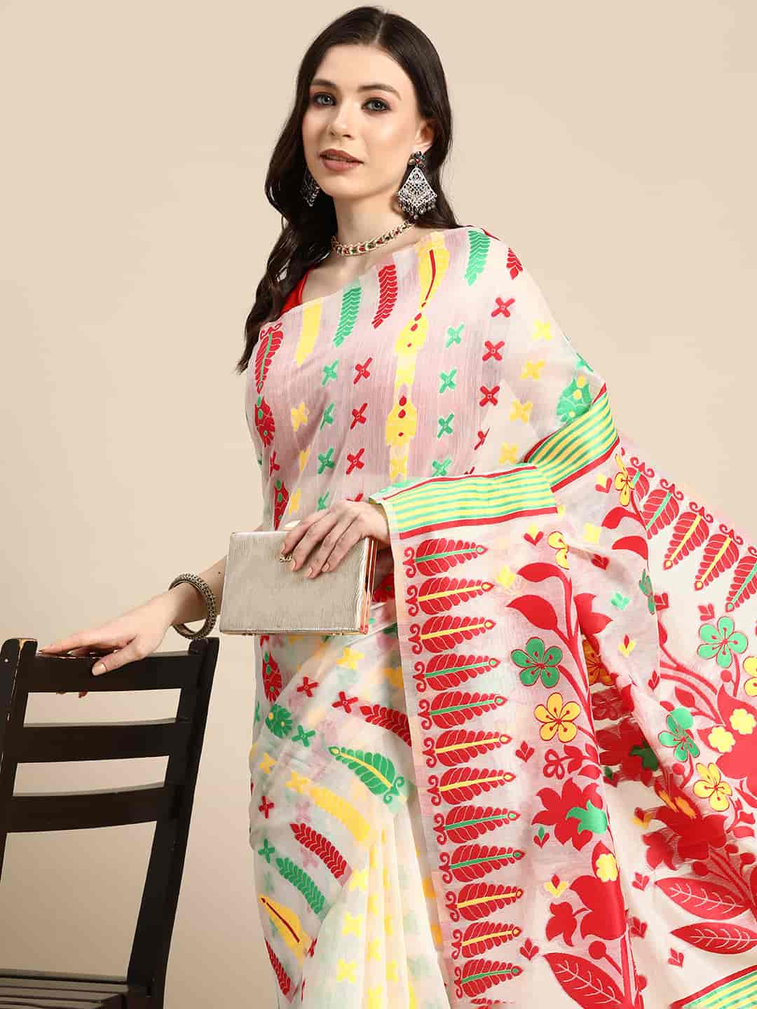 Woven Design Ethnic Motifs Phulkari Pure Cotton Jamdani Saree