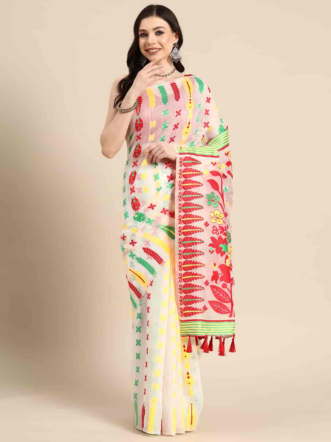 Woven Design Ethnic Motifs Phulkari Pure Cotton Jamdani Saree