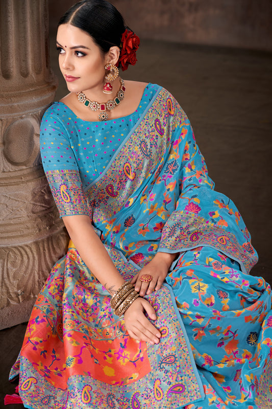 Blue & Multicolored Floral Silk Blend Saree