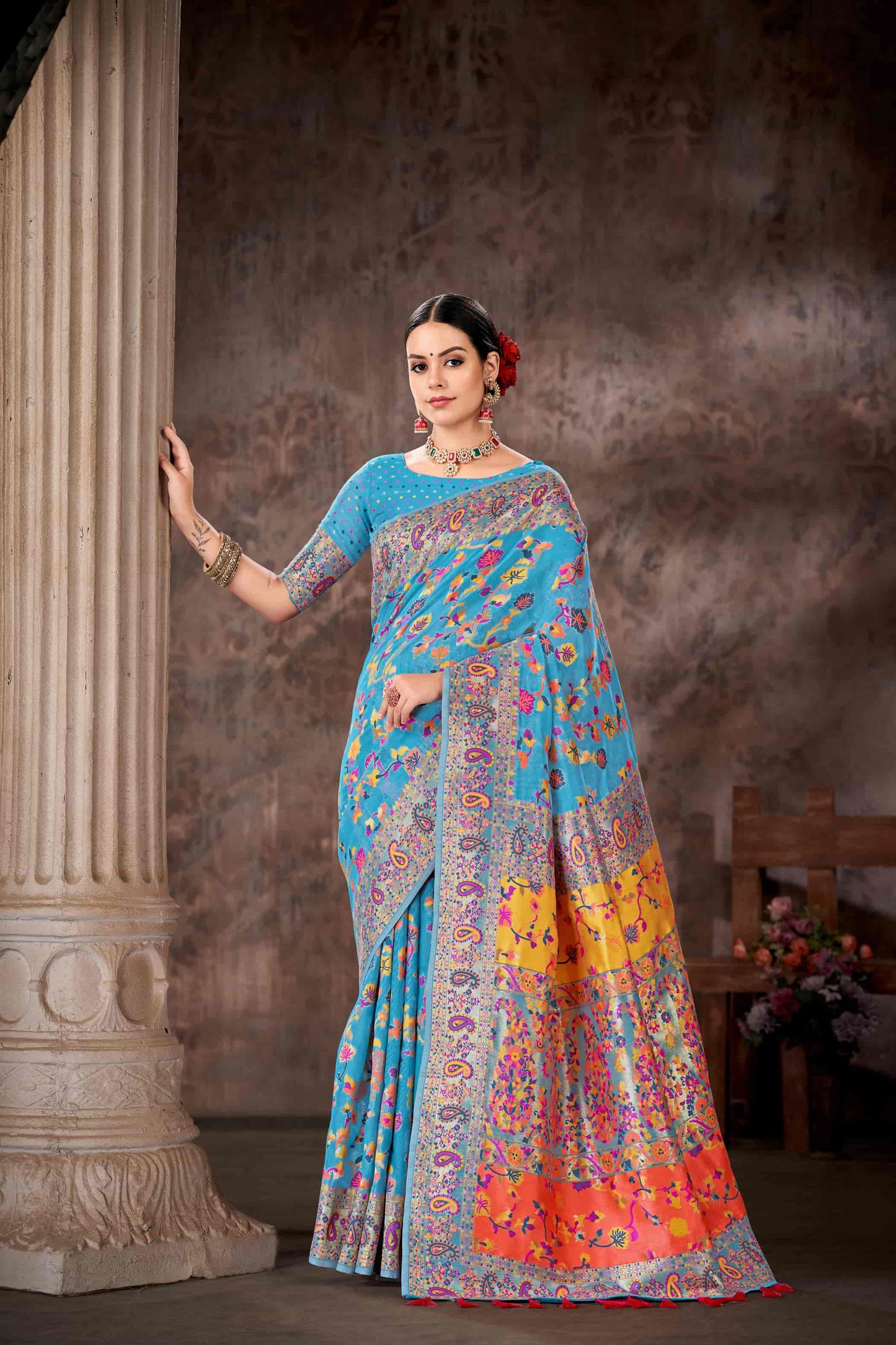 Blue & Multicolored Floral Silk Blend Saree