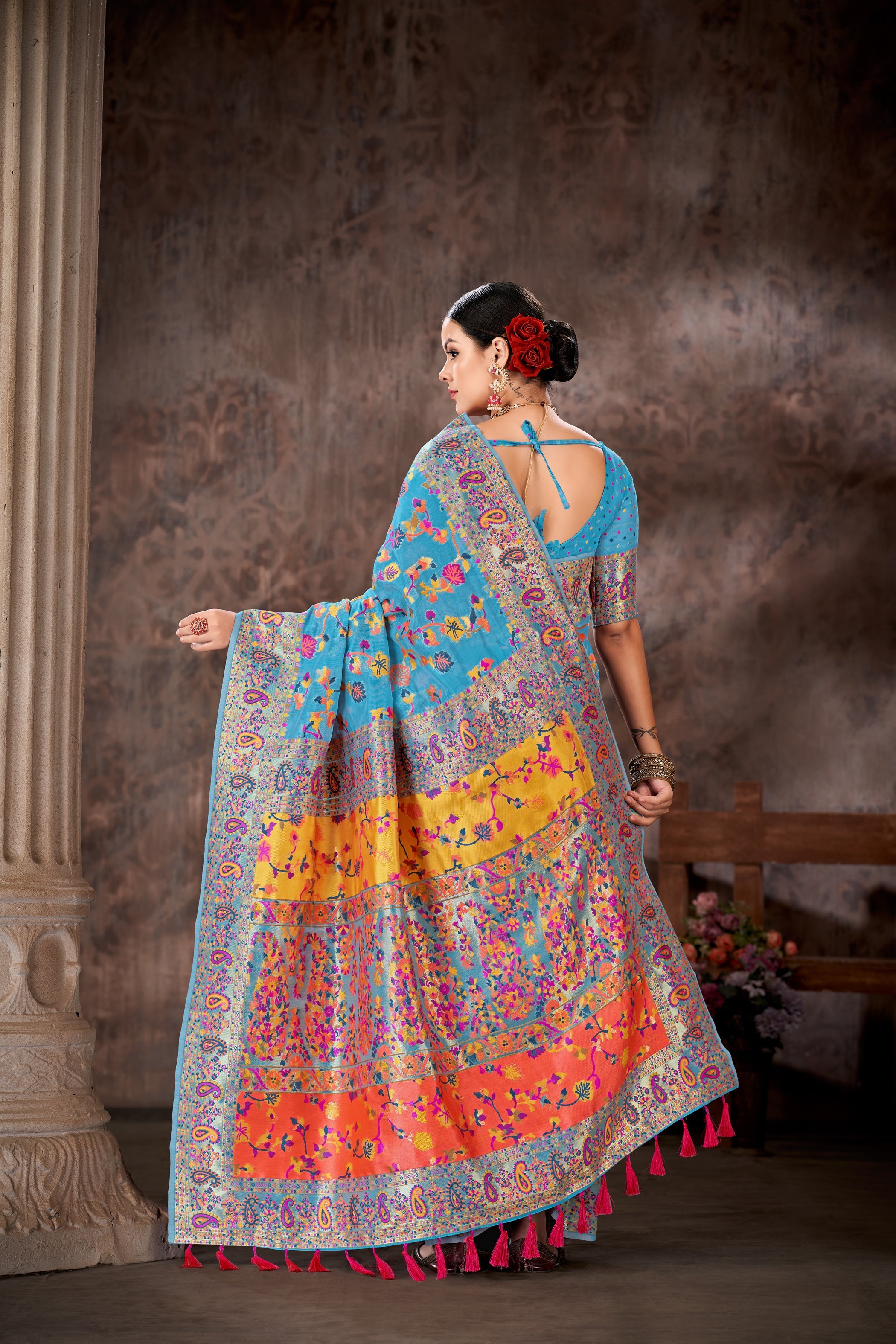 Blue & Multicolored Floral Silk Blend Saree