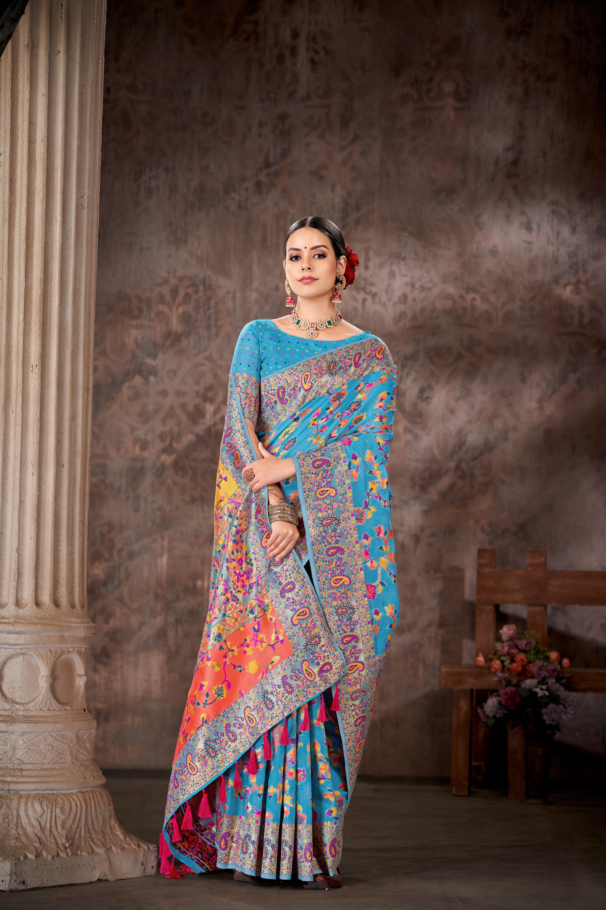 Blue & Multicolored Floral Silk Blend Saree