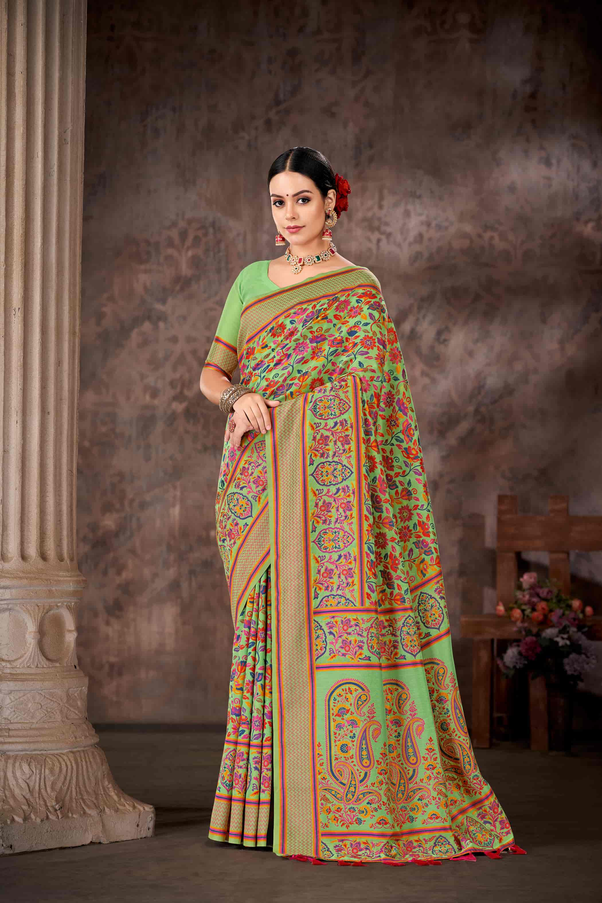 Green & Multicolored Floral Silk Blend Saree