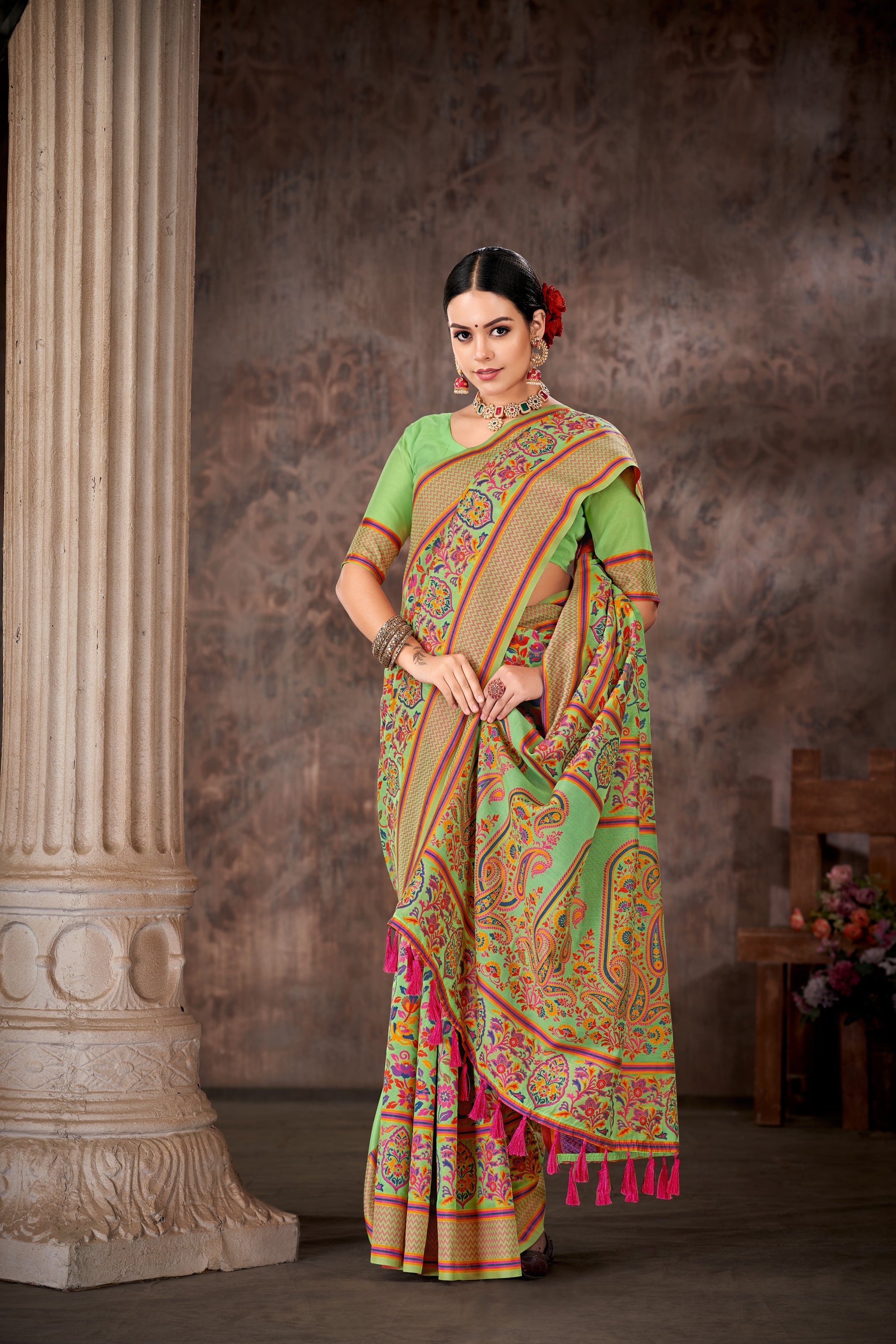 Green & Multicolored Floral Silk Blend Saree