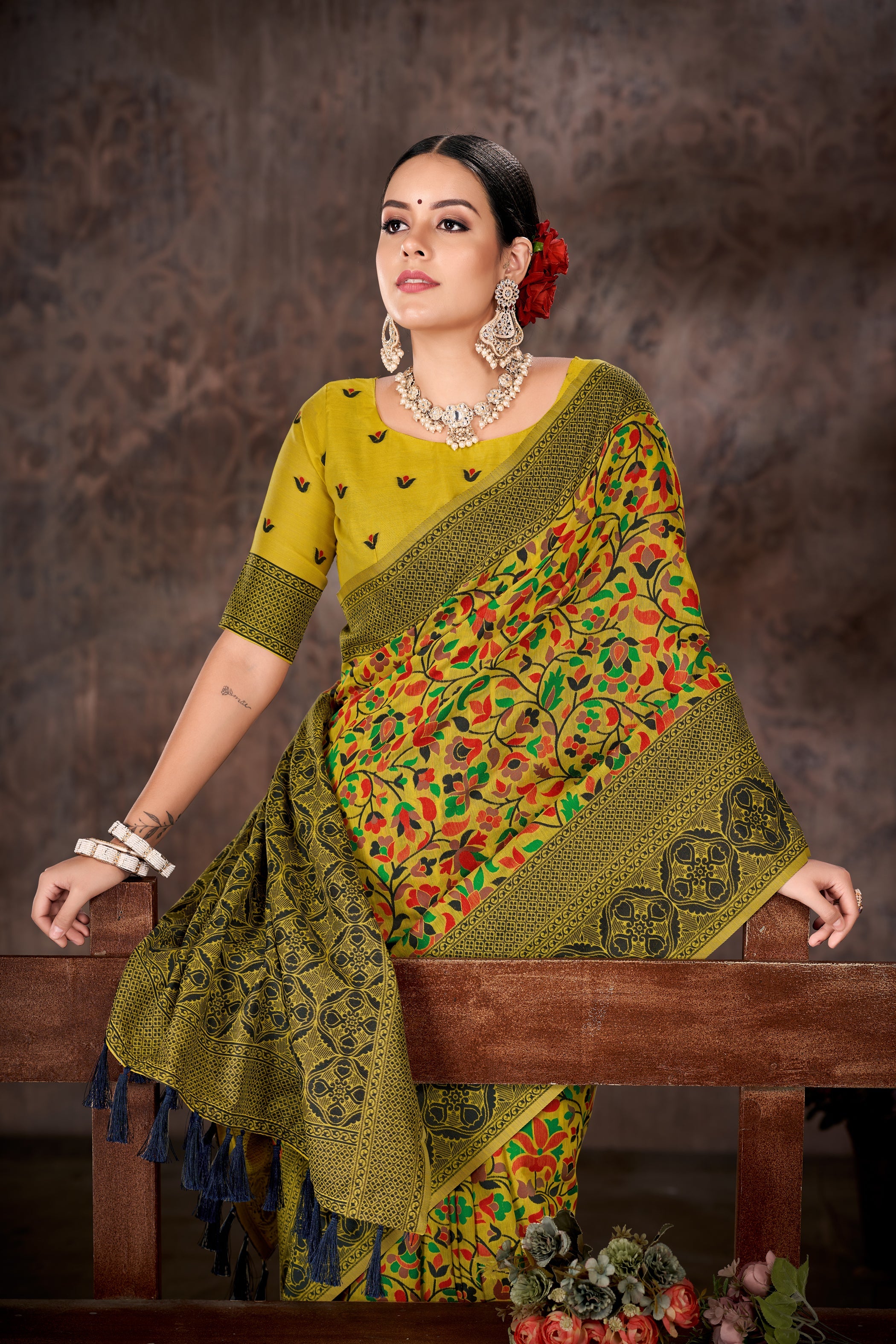 Mustard & Multicolored Floral Silk Blend Saree