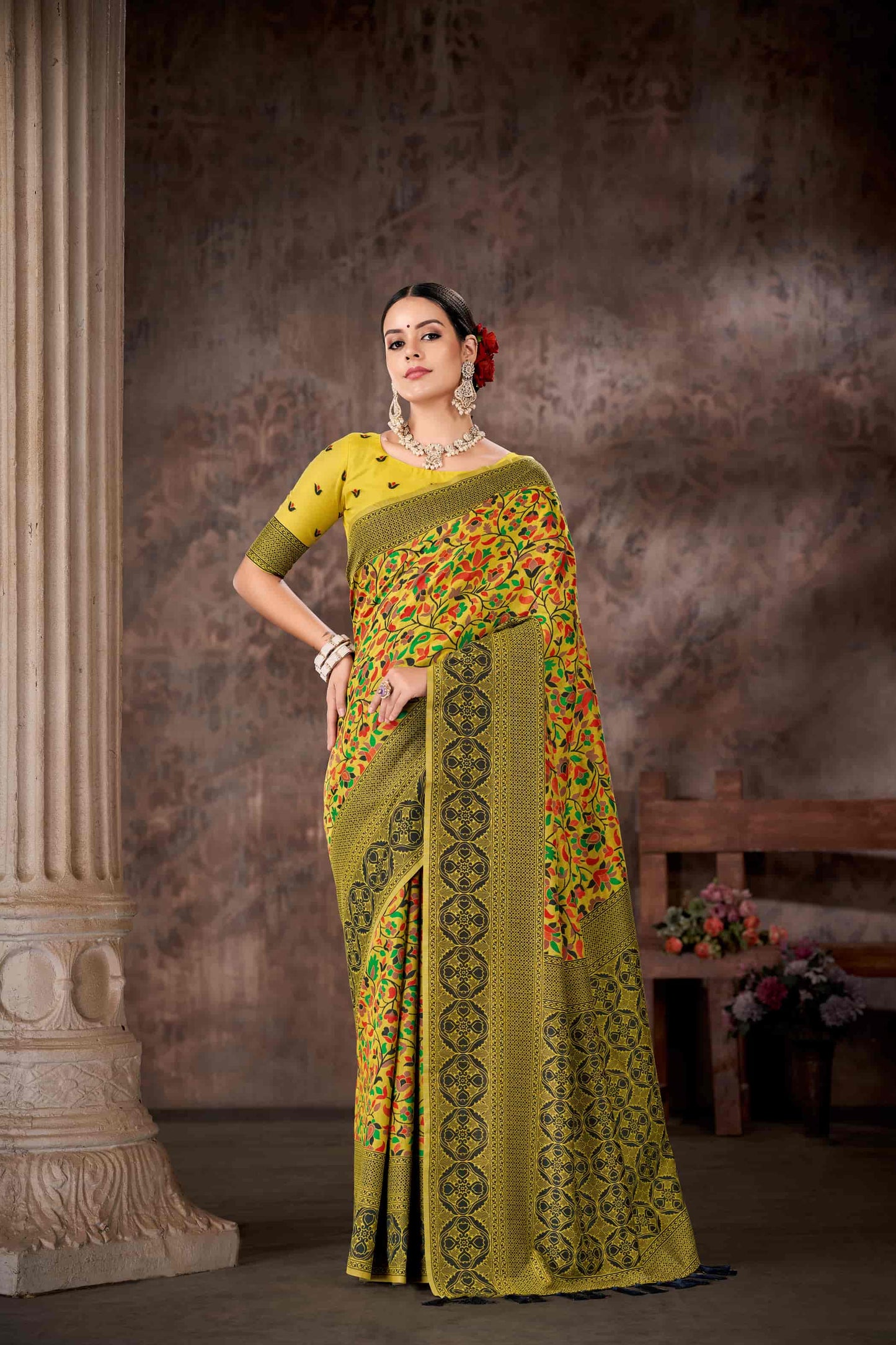 Mustard & Multicolored Floral Silk Blend Saree