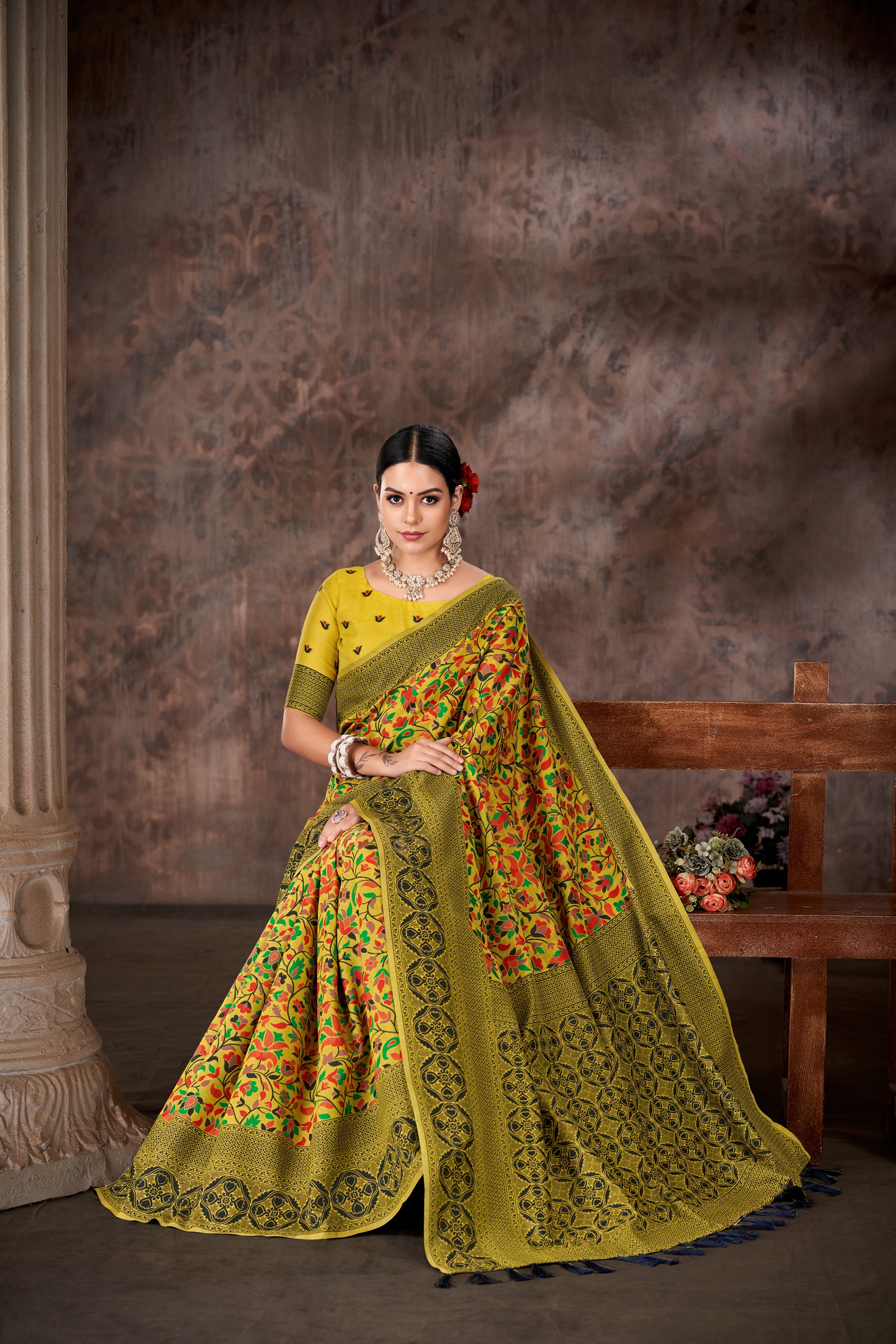 Mustard & Multicolored Floral Silk Blend Saree