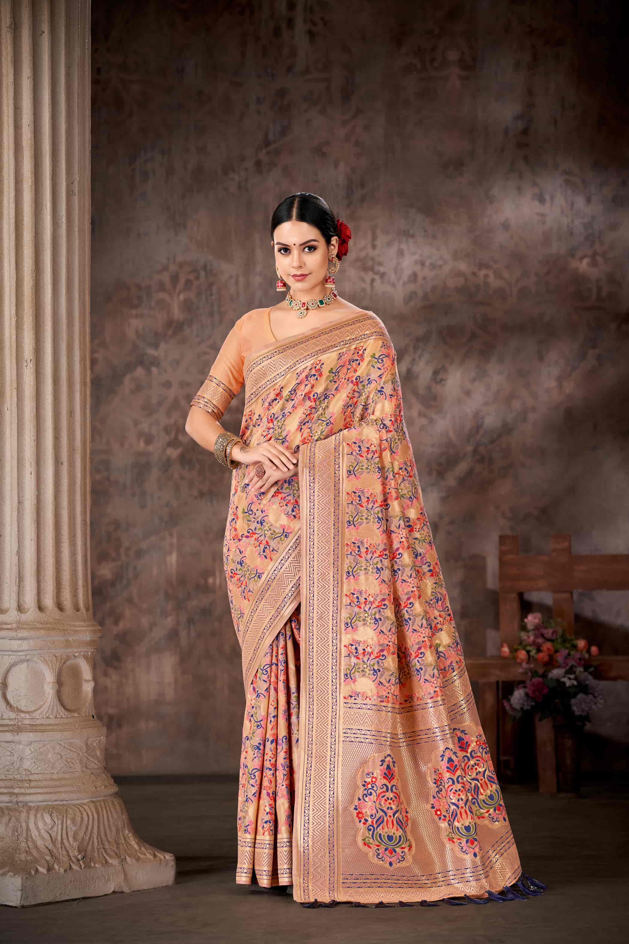 Pink & Multicolored Floral Silk Blend Saree