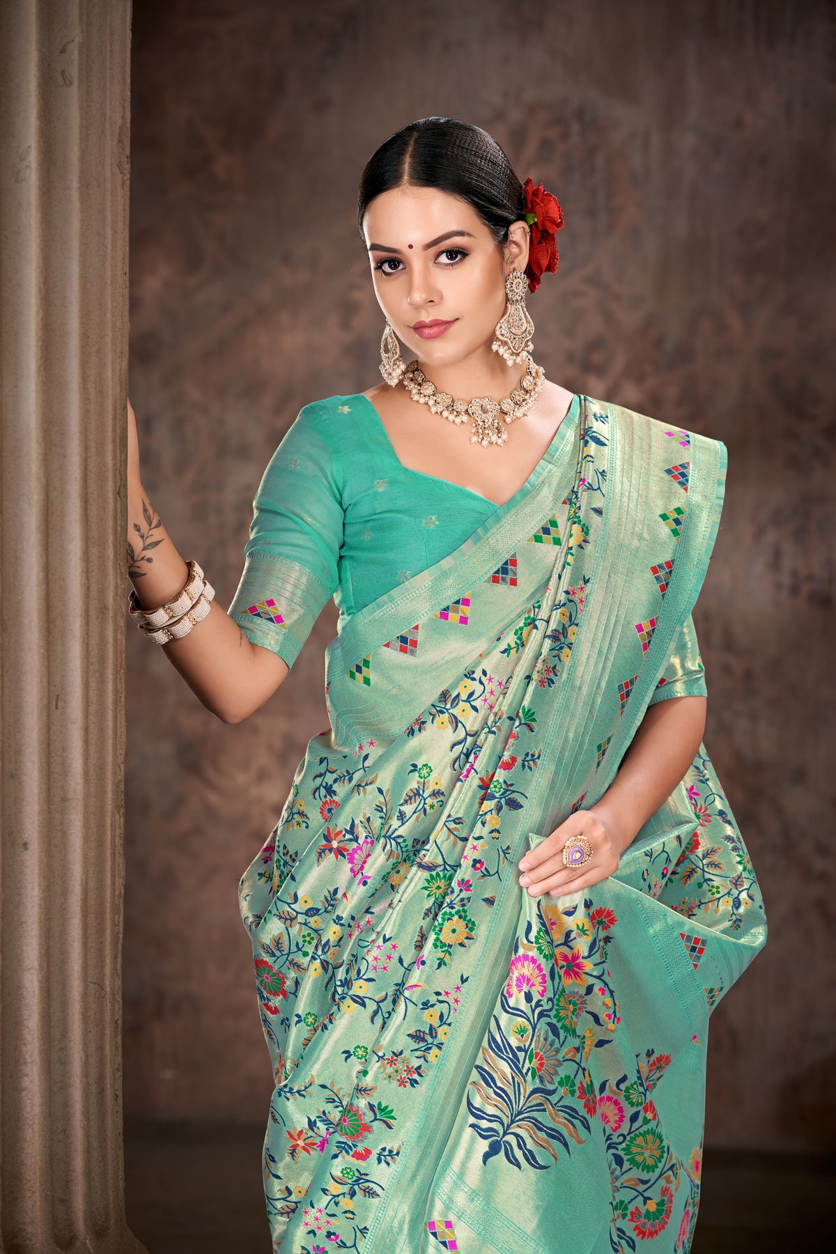 Teal & Multicolored Floral Silk Blend Saree