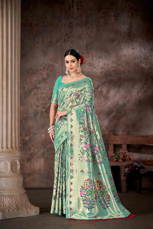 Teal & Multicolored Floral Silk Blend Saree