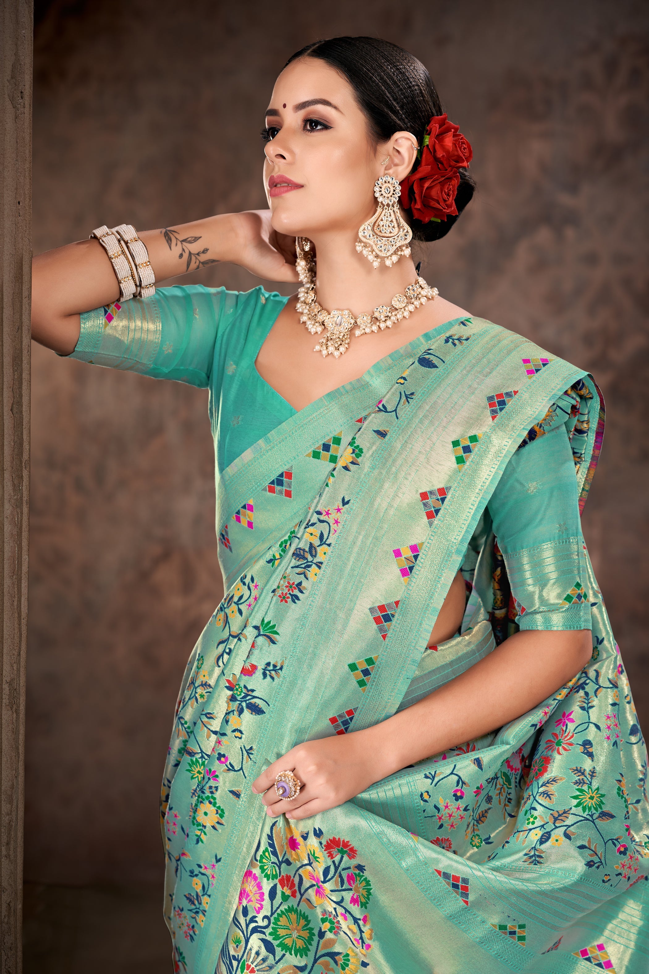 Teal & Multicolored Floral Silk Blend Saree