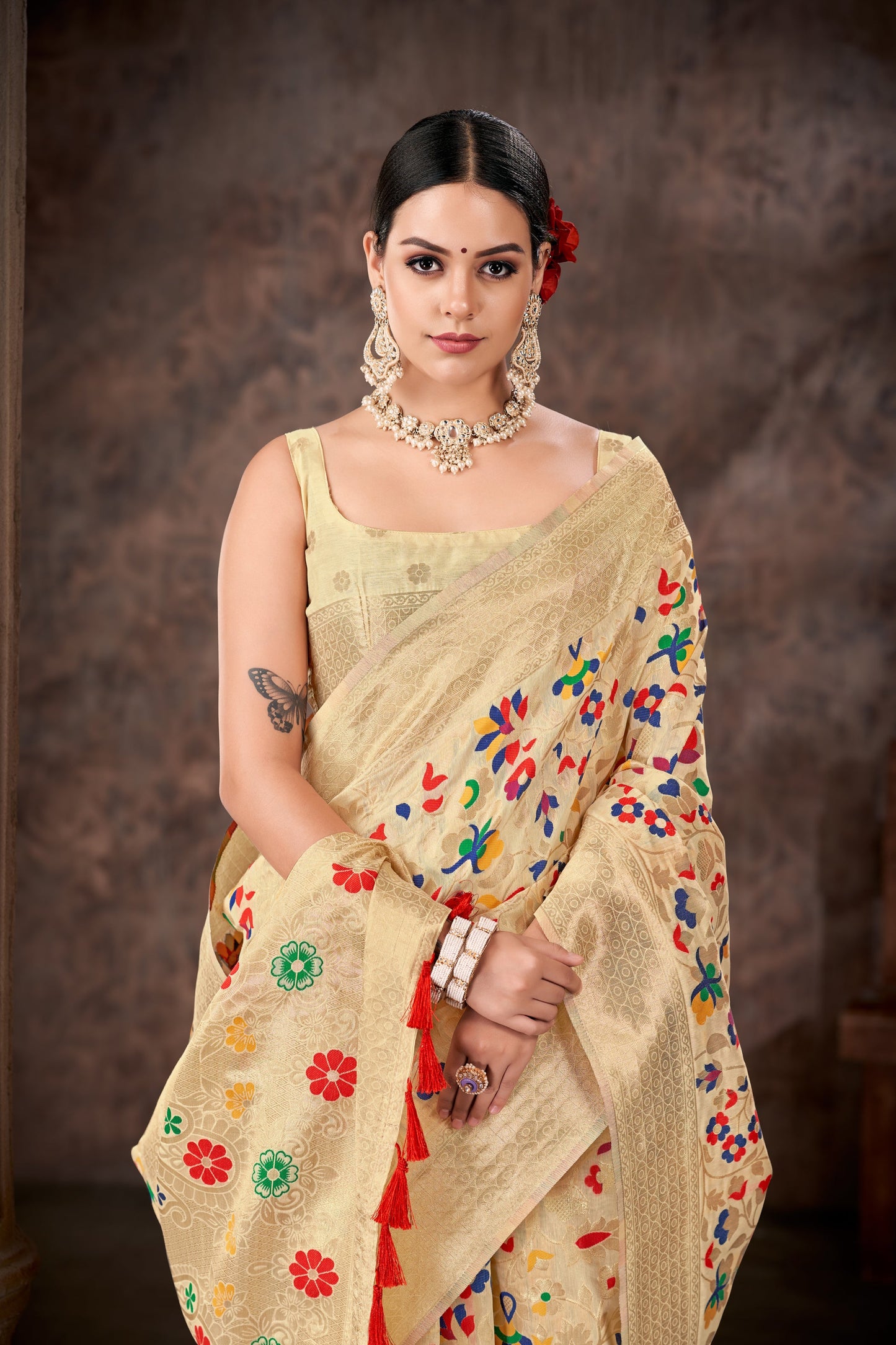 White & Multicolored Floral Silk Blend Saree