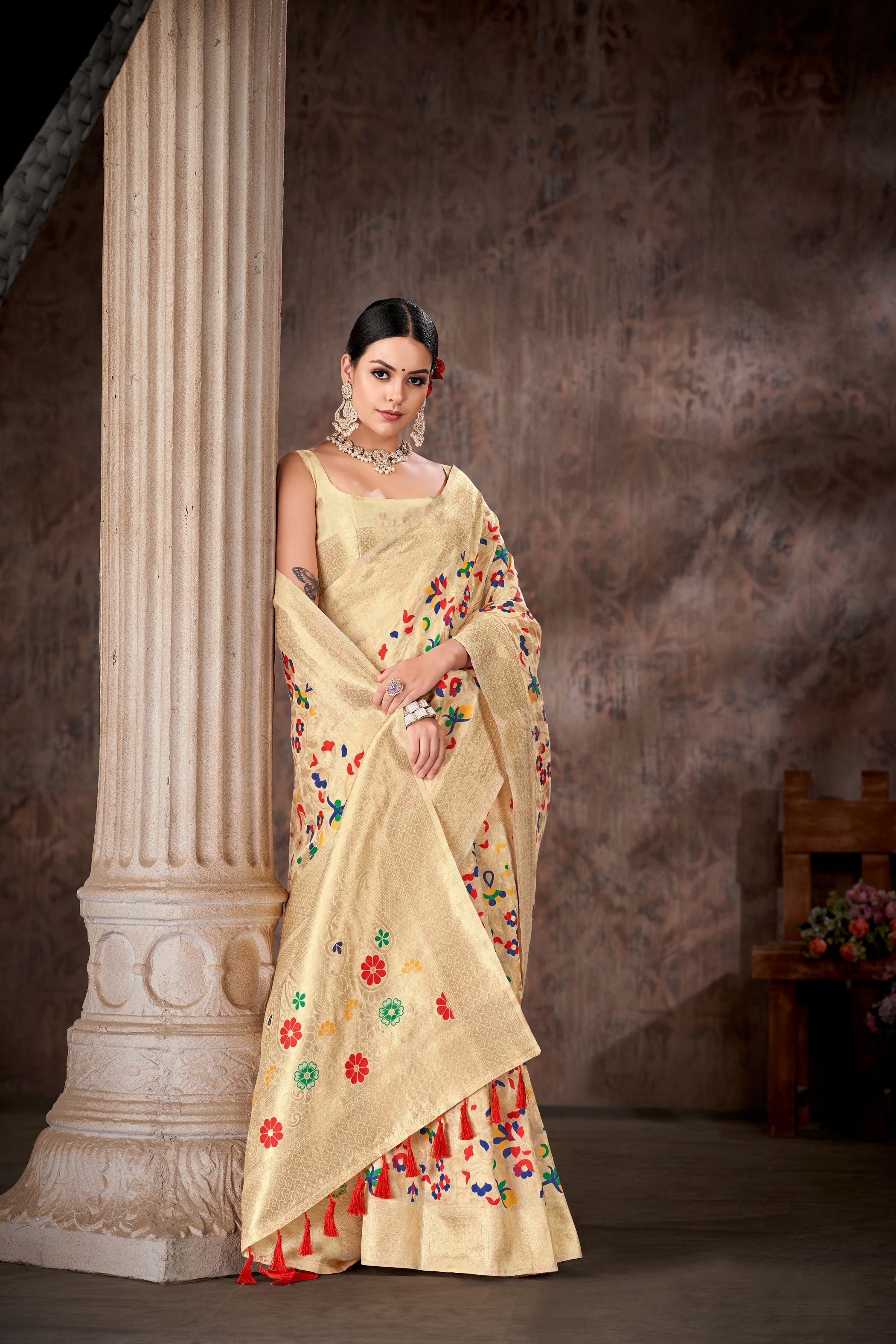 White & Multicolored Floral Silk Blend Saree