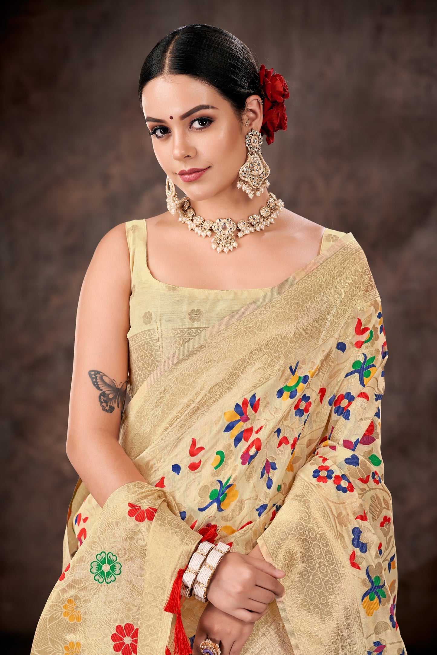 White & Multicolored Floral Silk Blend Saree