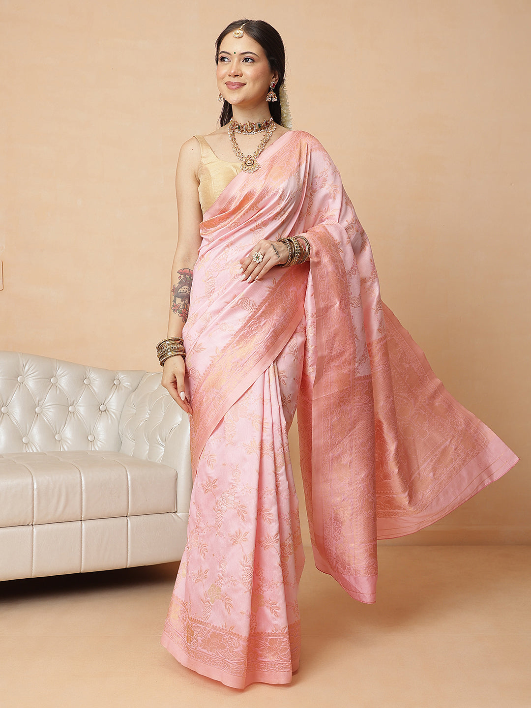 Woven Design Banarasi Cotton Silk Pastel Color Saree With Zari Border