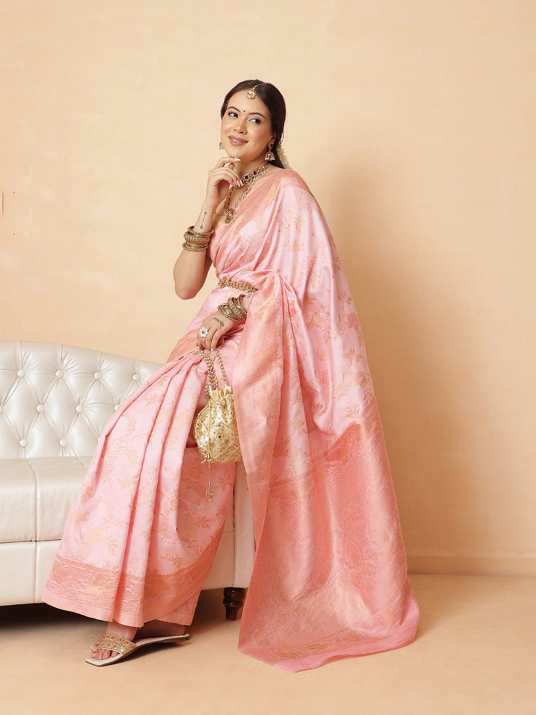 Woven Design Banarasi Cotton Silk Pastel Color Saree With Zari Border
