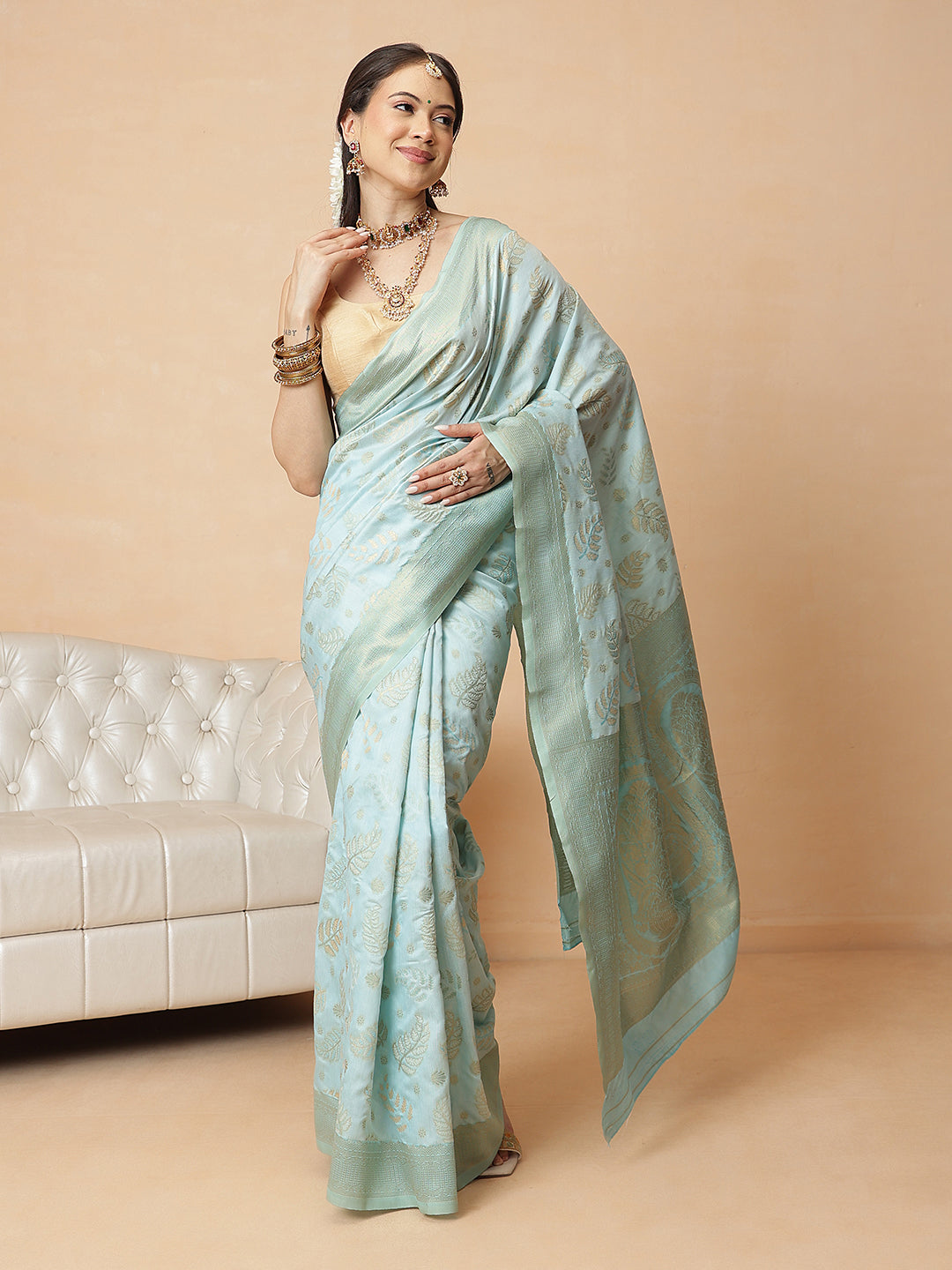 Woven Design Banarasi Cotton Silk Pastel Color Saree With Zari Border